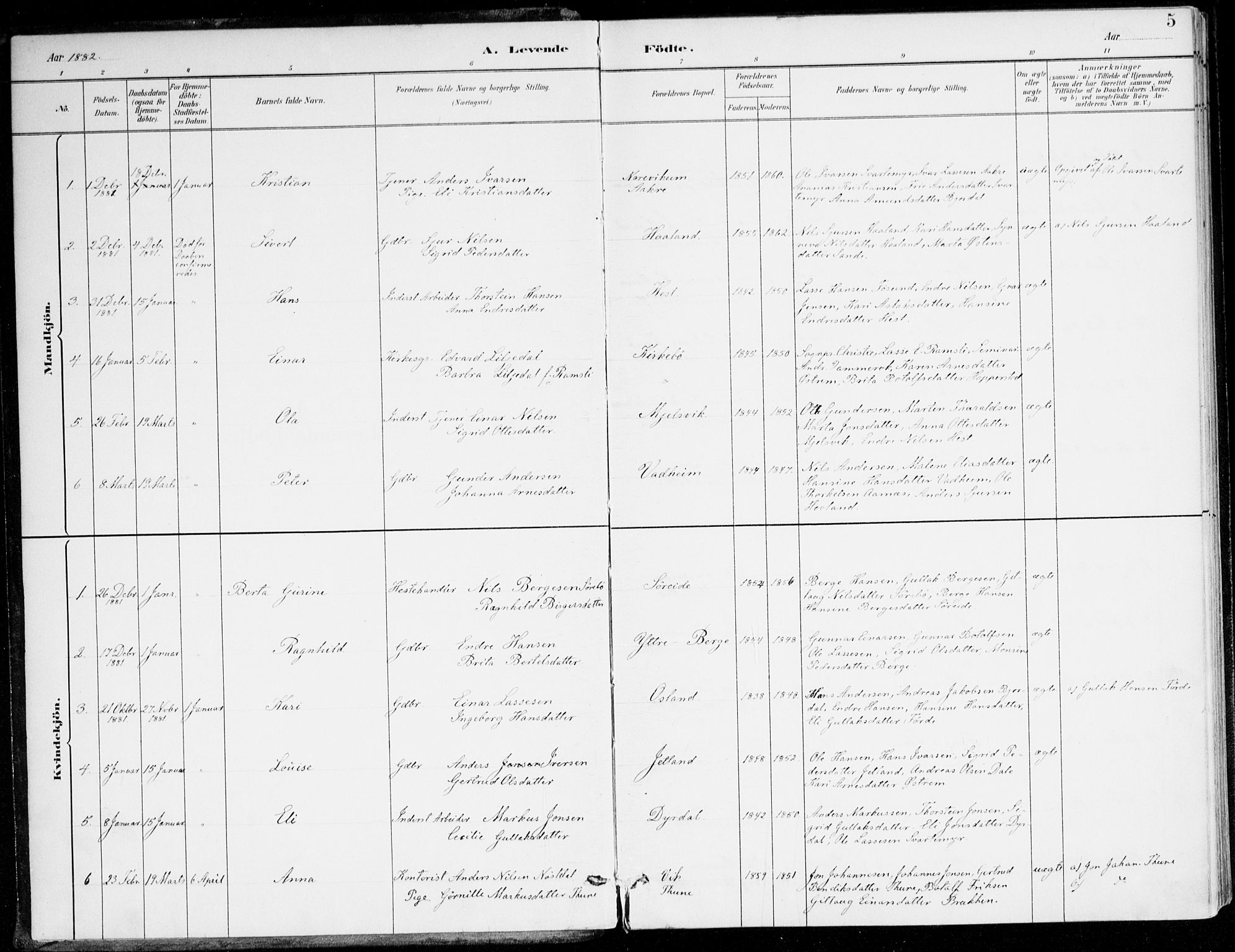 Lavik sokneprestembete, AV/SAB-A-80901: Parish register (official) no. C 1, 1882-1904, p. 5