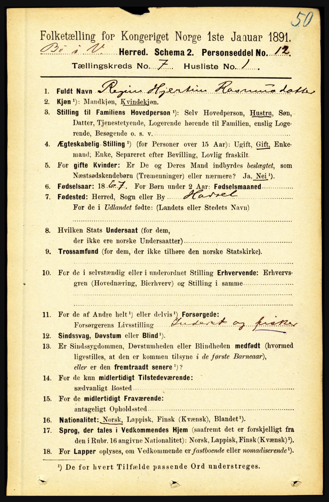 RA, 1891 census for 1867 Bø, 1891, p. 2498