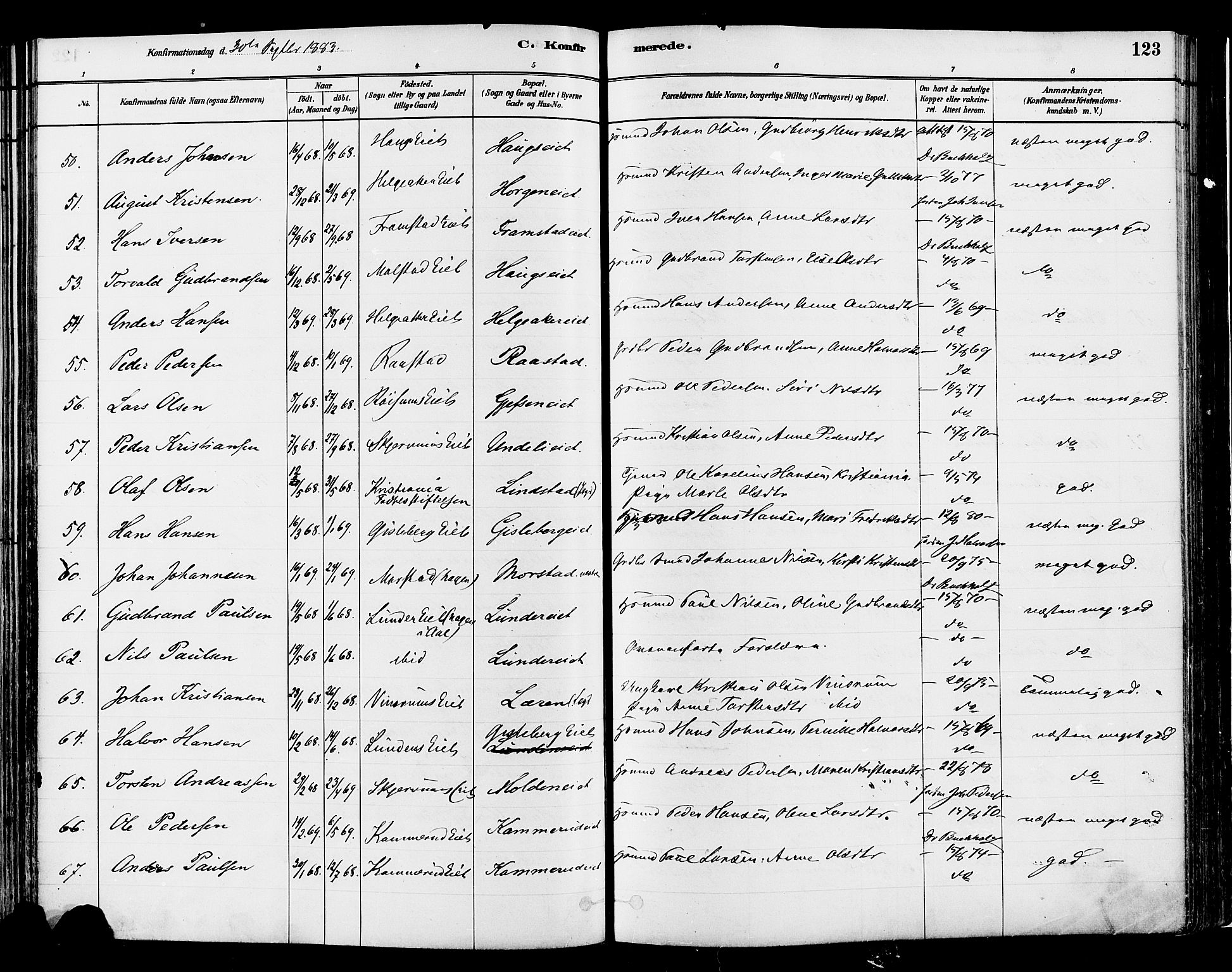 Gran prestekontor, AV/SAH-PREST-112/H/Ha/Haa/L0014: Parish register (official) no. 14, 1880-1889, p. 123