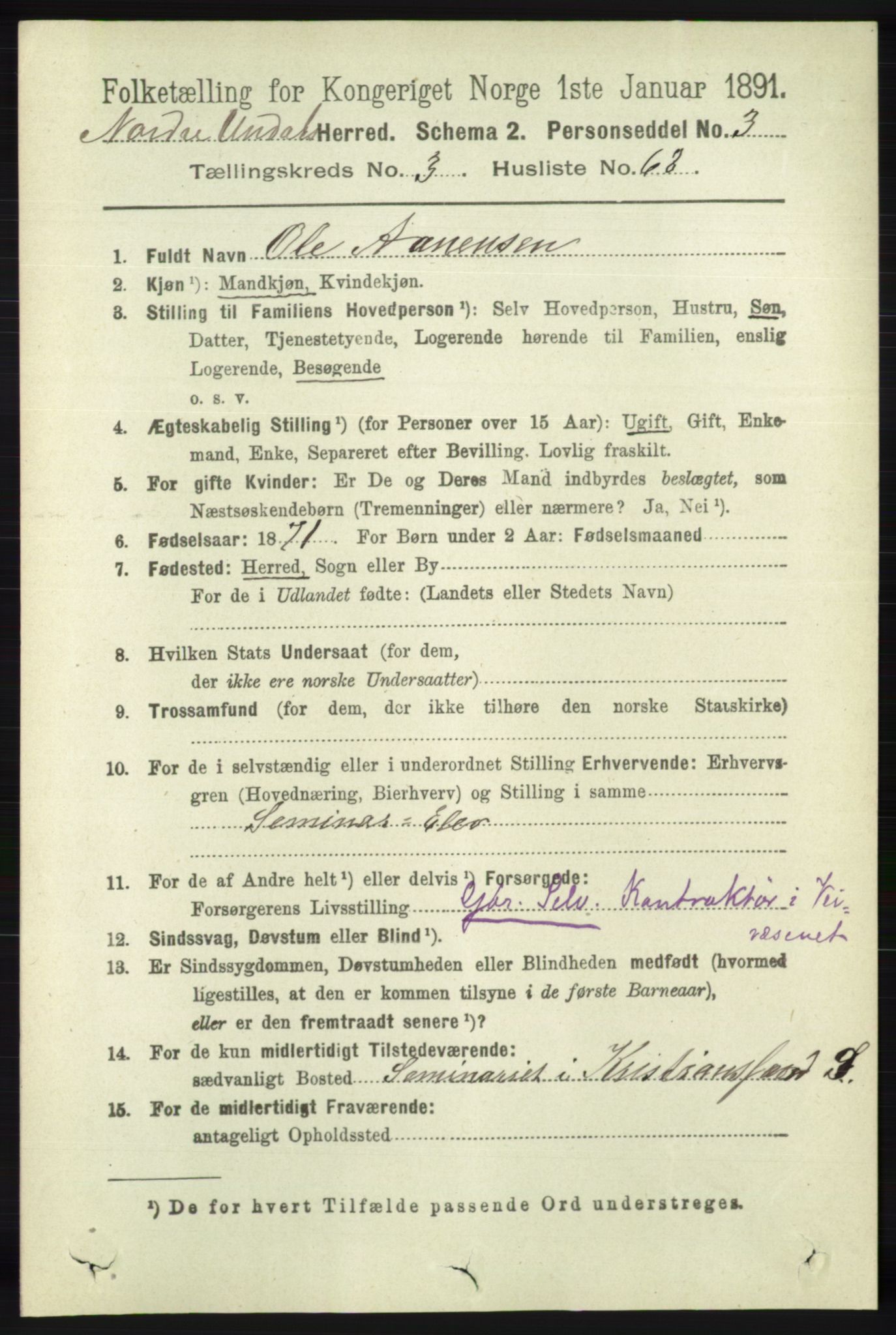 RA, 1891 census for 1028 Nord-Audnedal, 1891, p. 1072