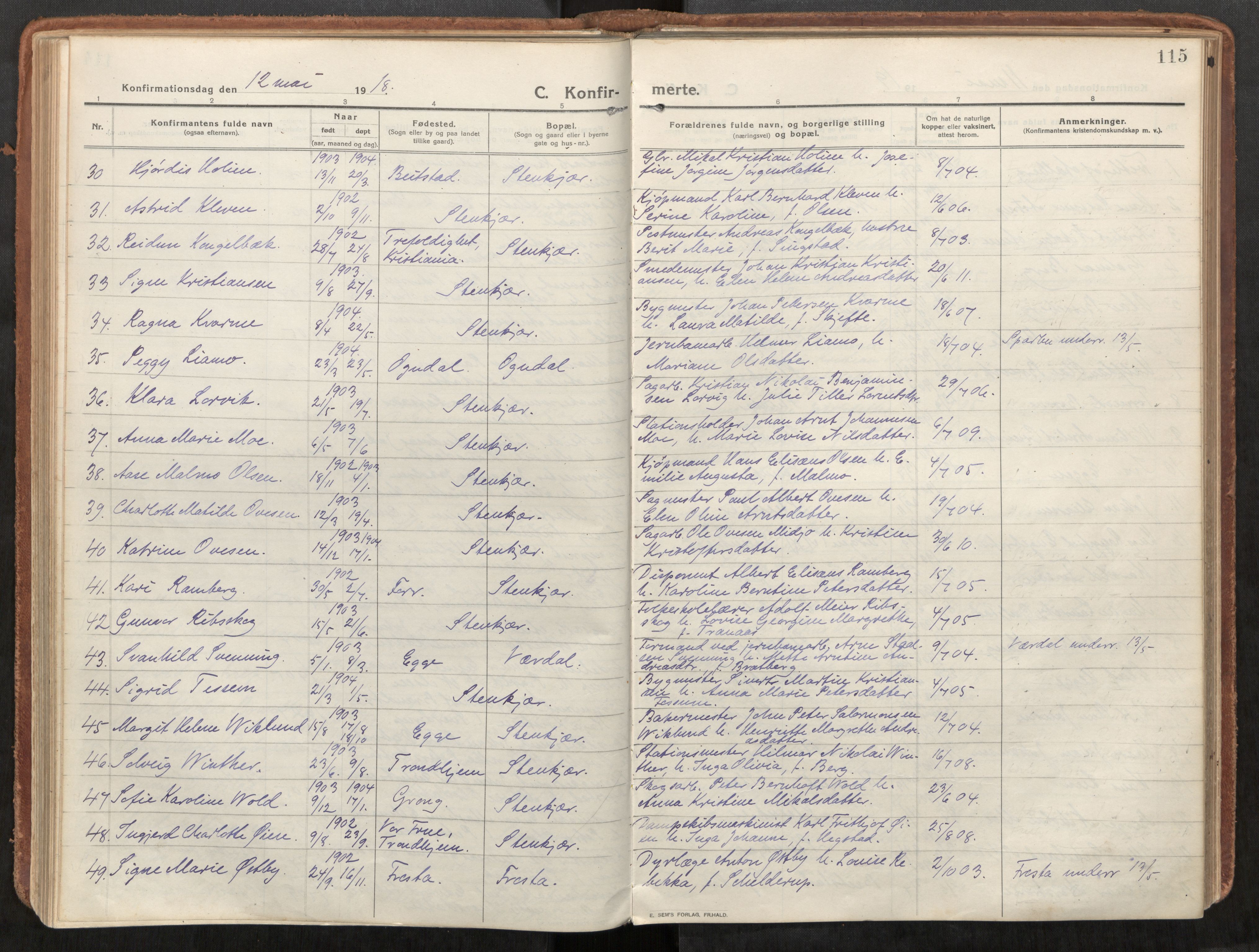 Steinkjer sokneprestkontor, SAT/A-1541/01/H/Ha/Haa/L0003: Parish register (official) no. 3, 1913-1922, p. 115