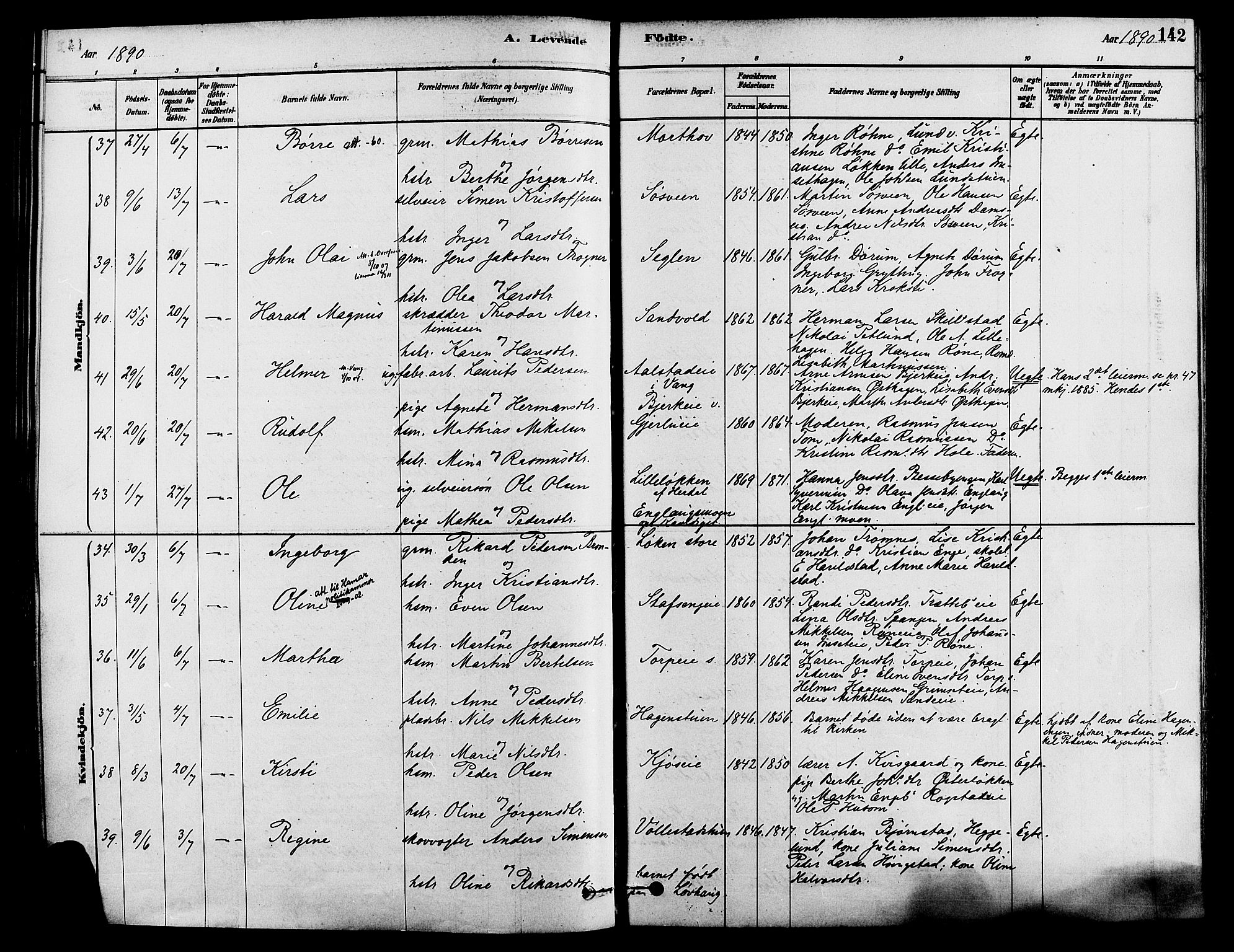 Løten prestekontor, SAH/PREST-022/K/Ka/L0009: Parish register (official) no. 9, 1878-1891, p. 142
