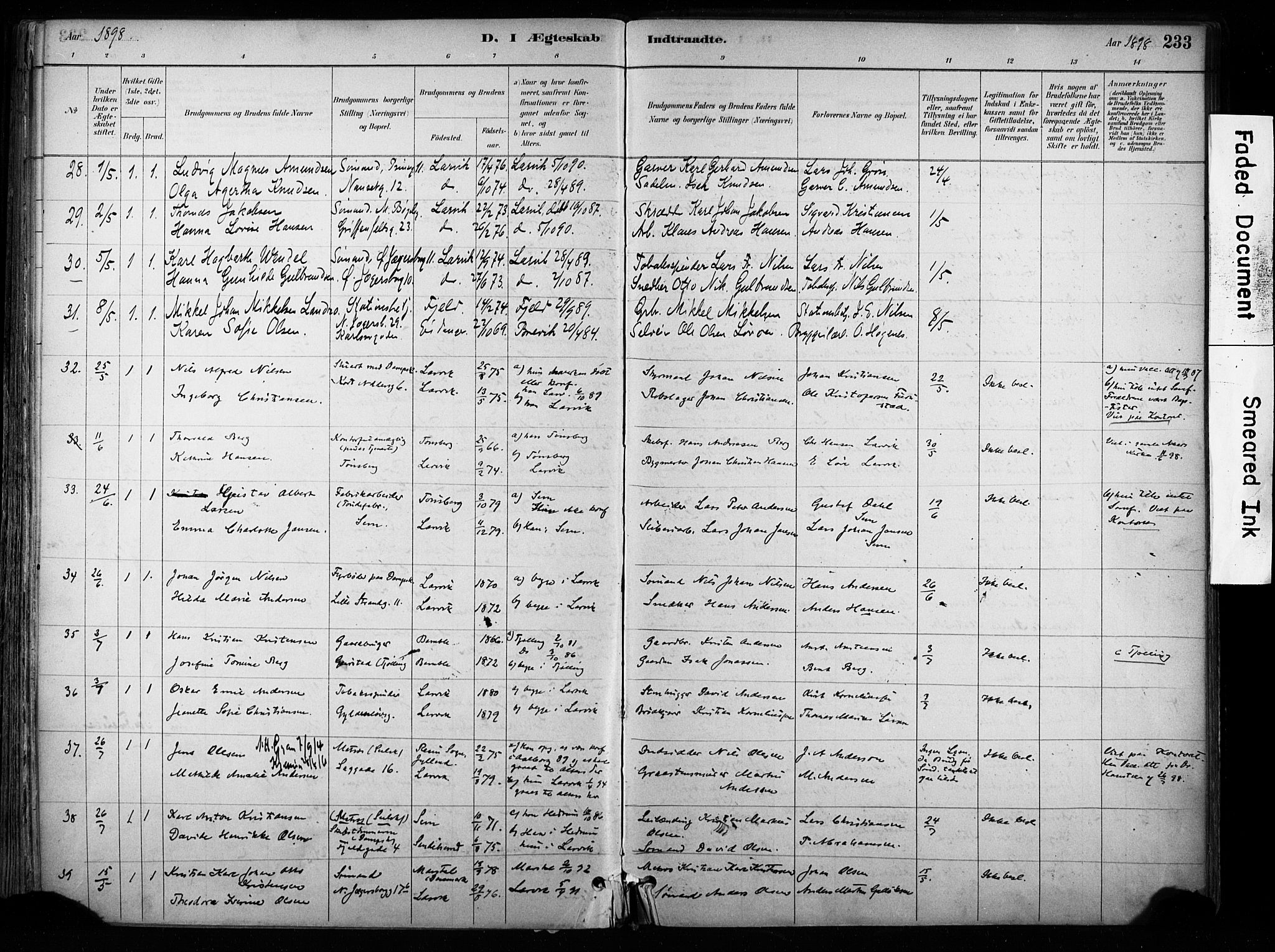 Larvik kirkebøker, AV/SAKO-A-352/F/Fa/L0008: Parish register (official) no. I 8, 1884-1902, p. 233