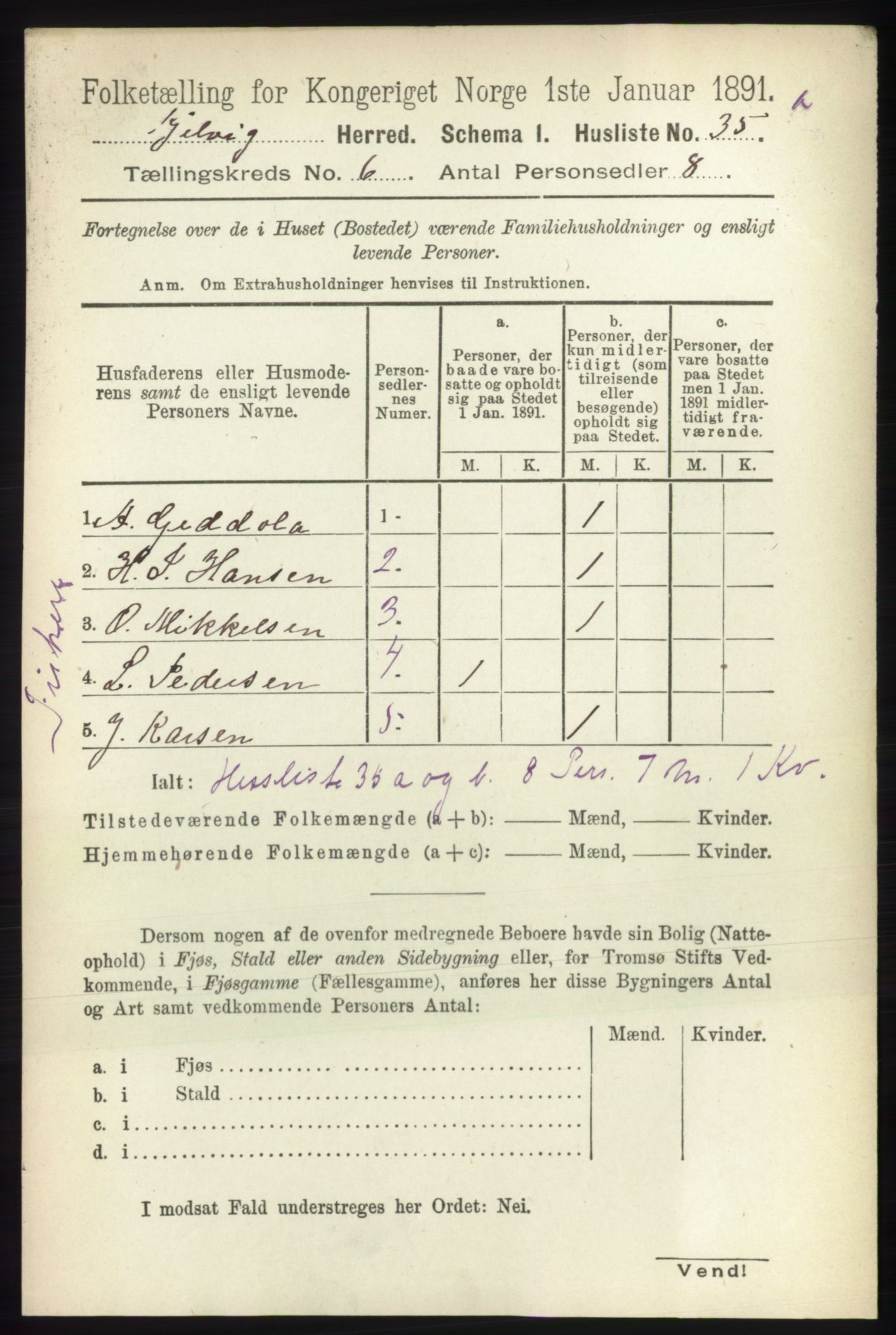 RA, 1891 census for 2019 Kjelvik, 1891, p. 621