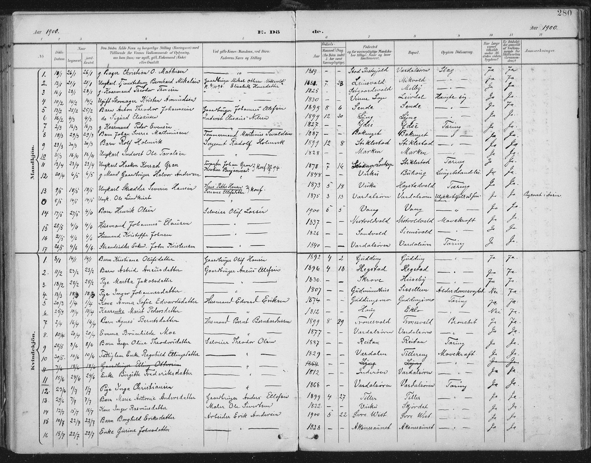 Ministerialprotokoller, klokkerbøker og fødselsregistre - Nord-Trøndelag, SAT/A-1458/723/L0246: Parish register (official) no. 723A15, 1900-1917, p. 280