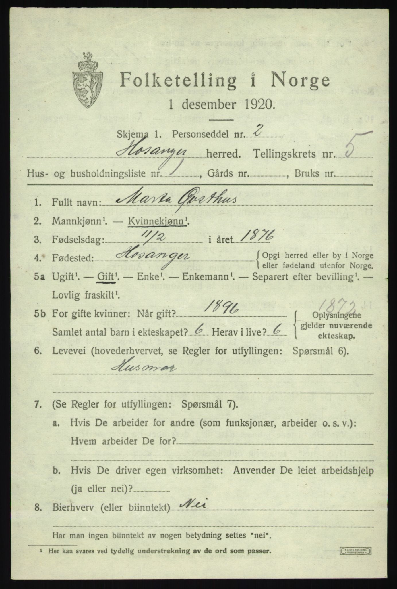 SAB, 1920 census for Hosanger, 1920, p. 2343