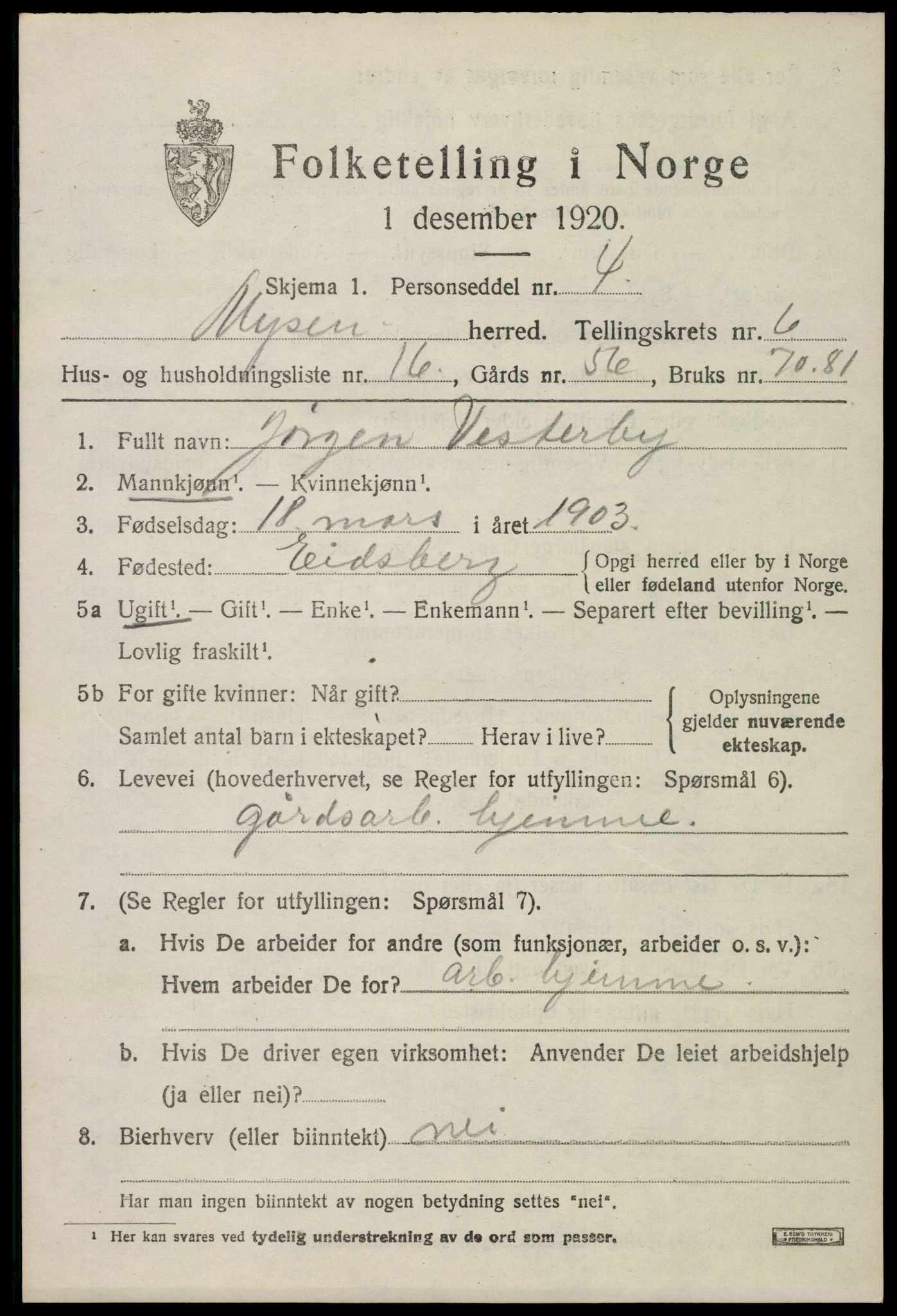 SAO, 1920 census for Mysen, 1920, p. 3107