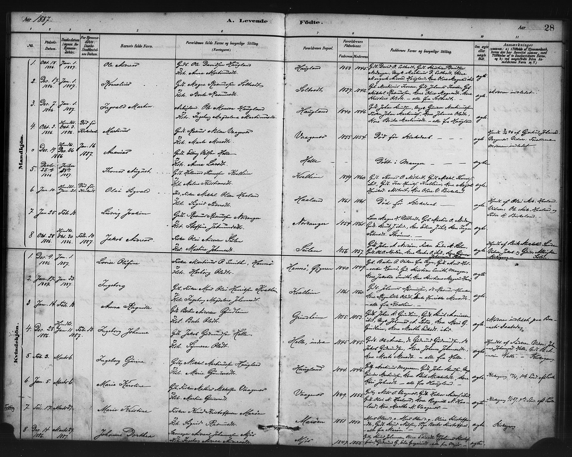 Manger sokneprestembete, SAB/A-76801/H/Haa: Parish register (official) no. C 1, 1881-1890, p. 28