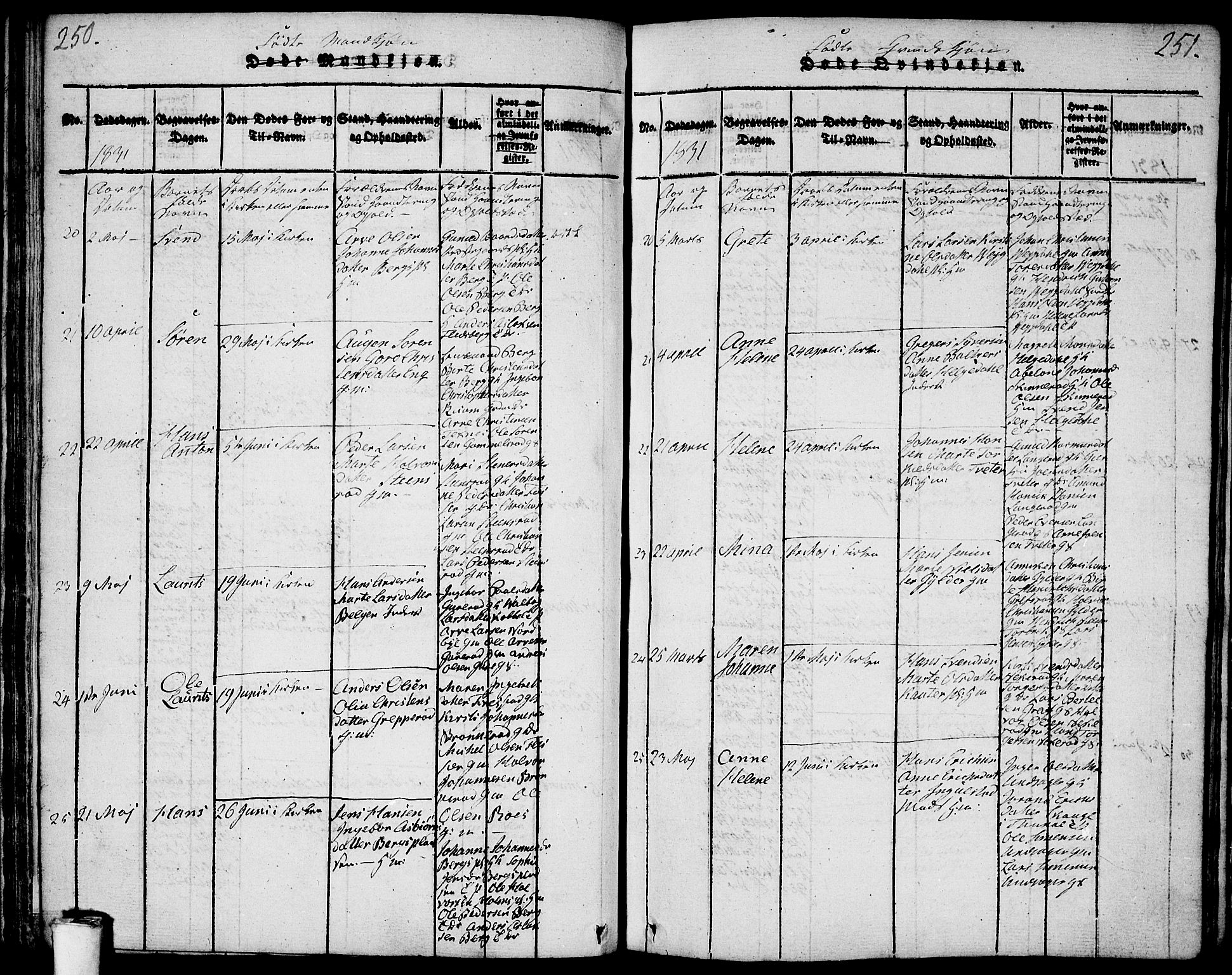 Våler prestekontor Kirkebøker, AV/SAO-A-11083/F/Fa/L0005: Parish register (official) no. I 5, 1815-1839, p. 250-251