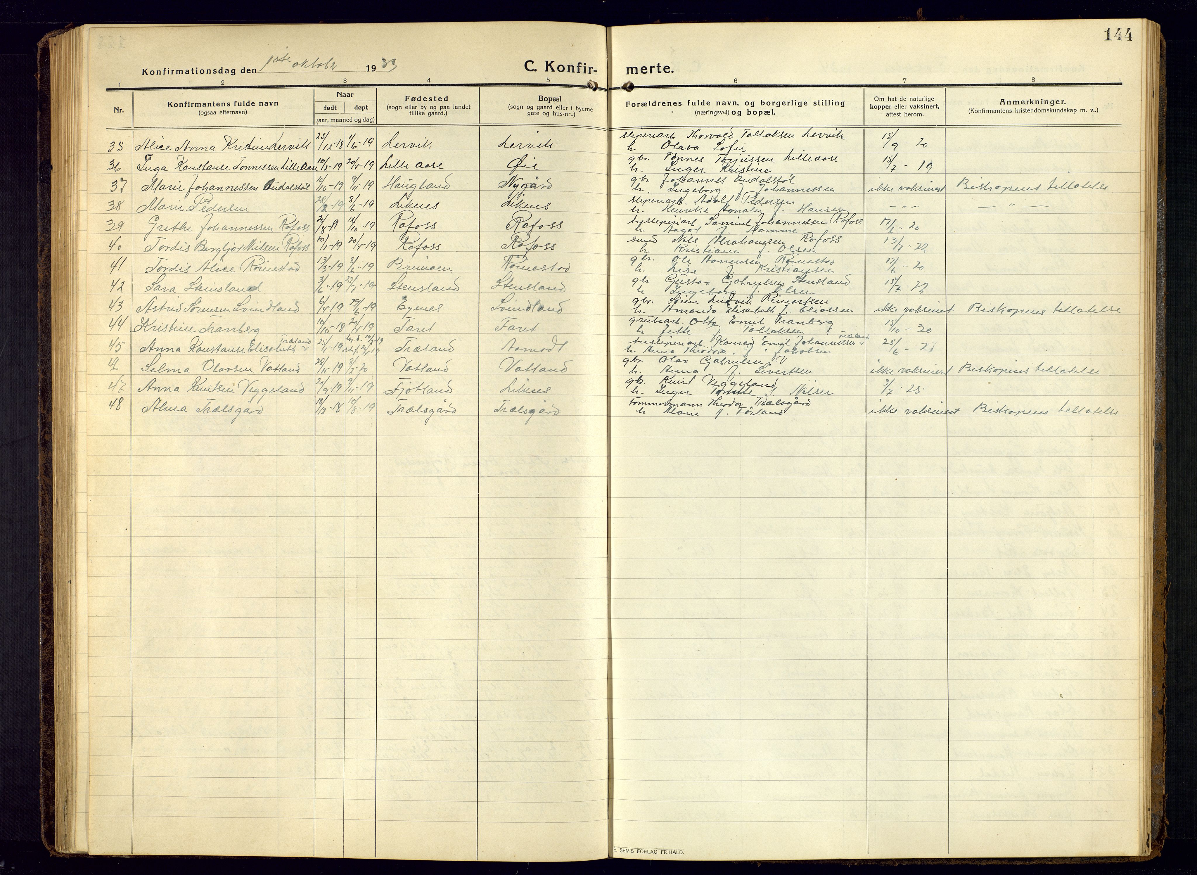 Kvinesdal sokneprestkontor, AV/SAK-1111-0026/F/Fb/Fbb/L0004: Parish register (copy) no. B 4, 1917-1938, p. 144