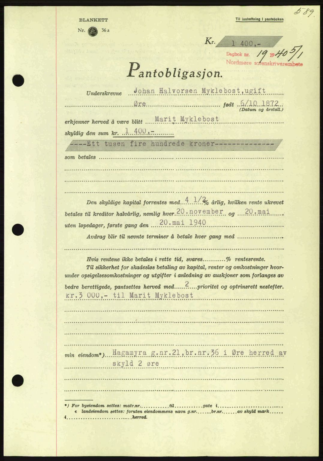 Nordmøre sorenskriveri, AV/SAT-A-4132/1/2/2Ca: Mortgage book no. B86, 1939-1940, Diary no: : 19/1940