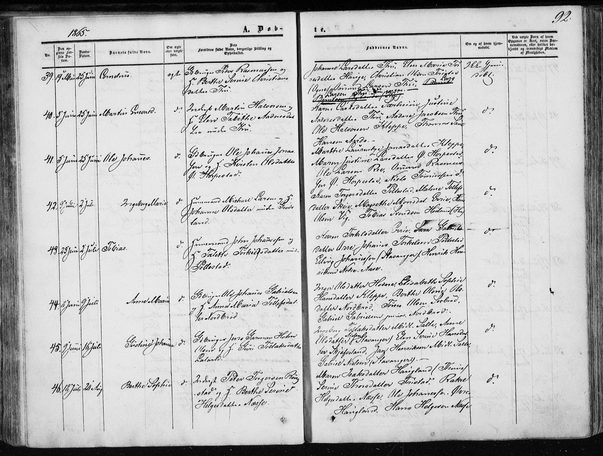 Klepp sokneprestkontor, AV/SAST-A-101803/001/3/30BA/L0005: Parish register (official) no. A 5, 1853-1870, p. 92