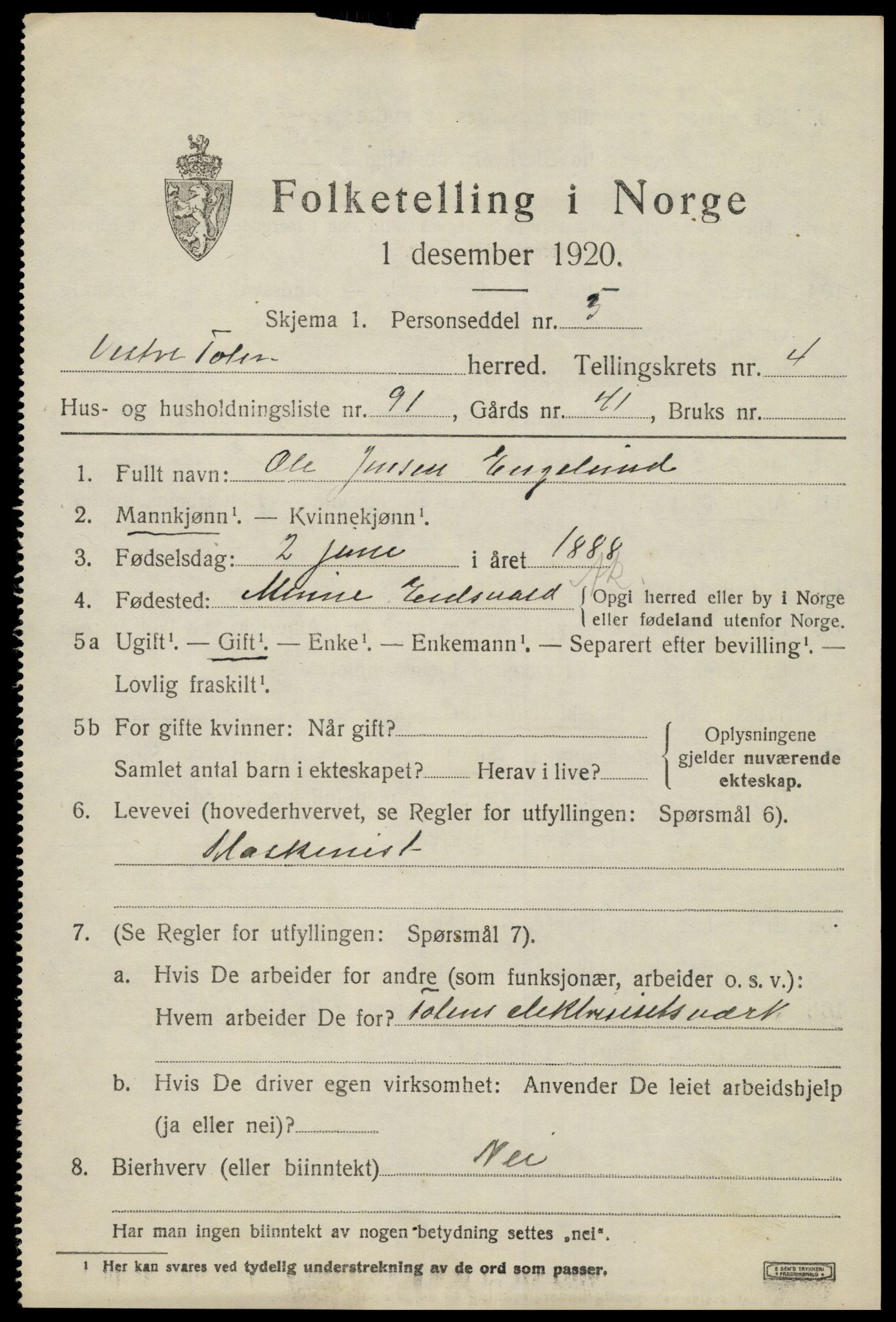 SAH, 1920 census for Vestre Toten, 1920, p. 7282