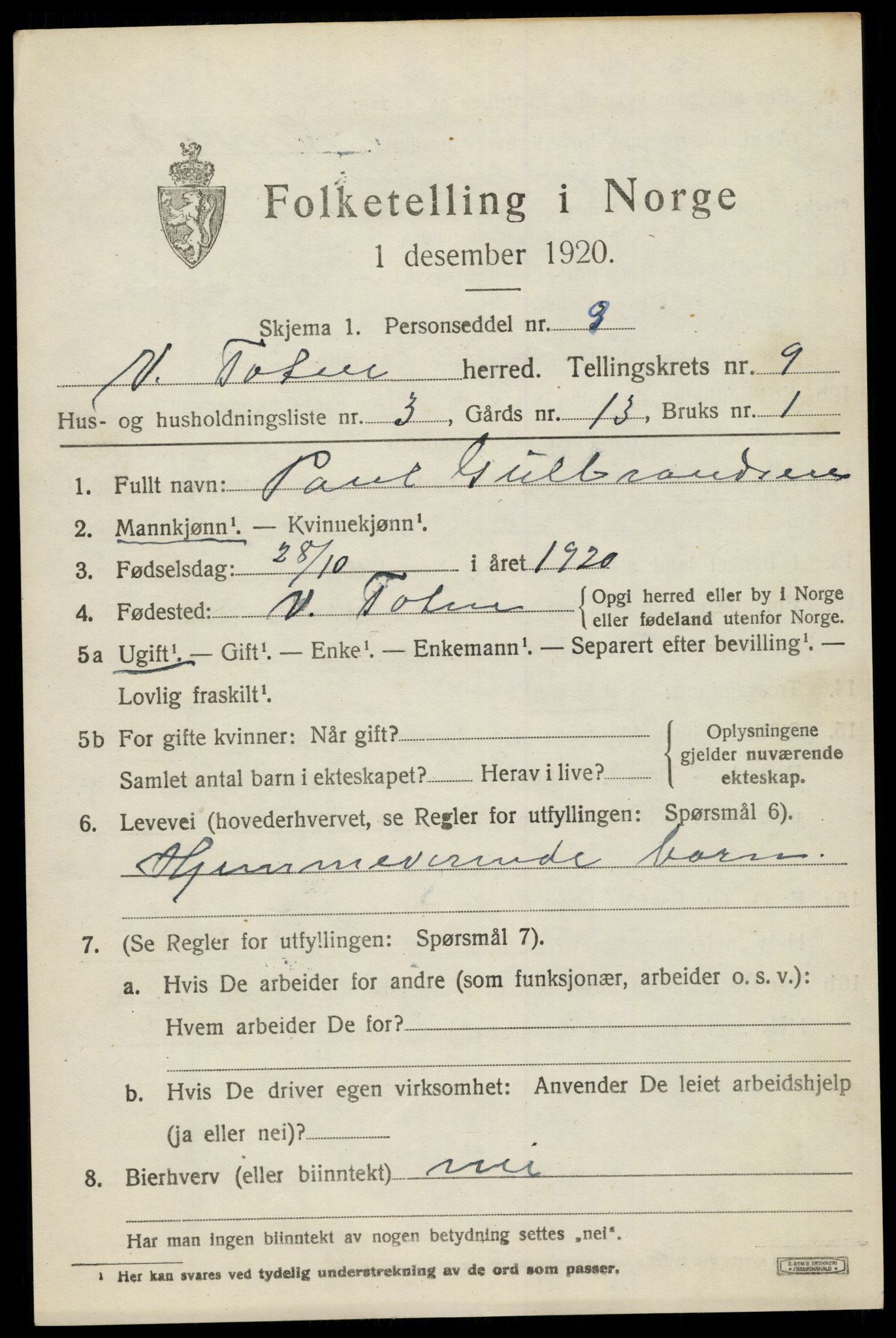 SAH, 1920 census for Vestre Toten, 1920, p. 11196