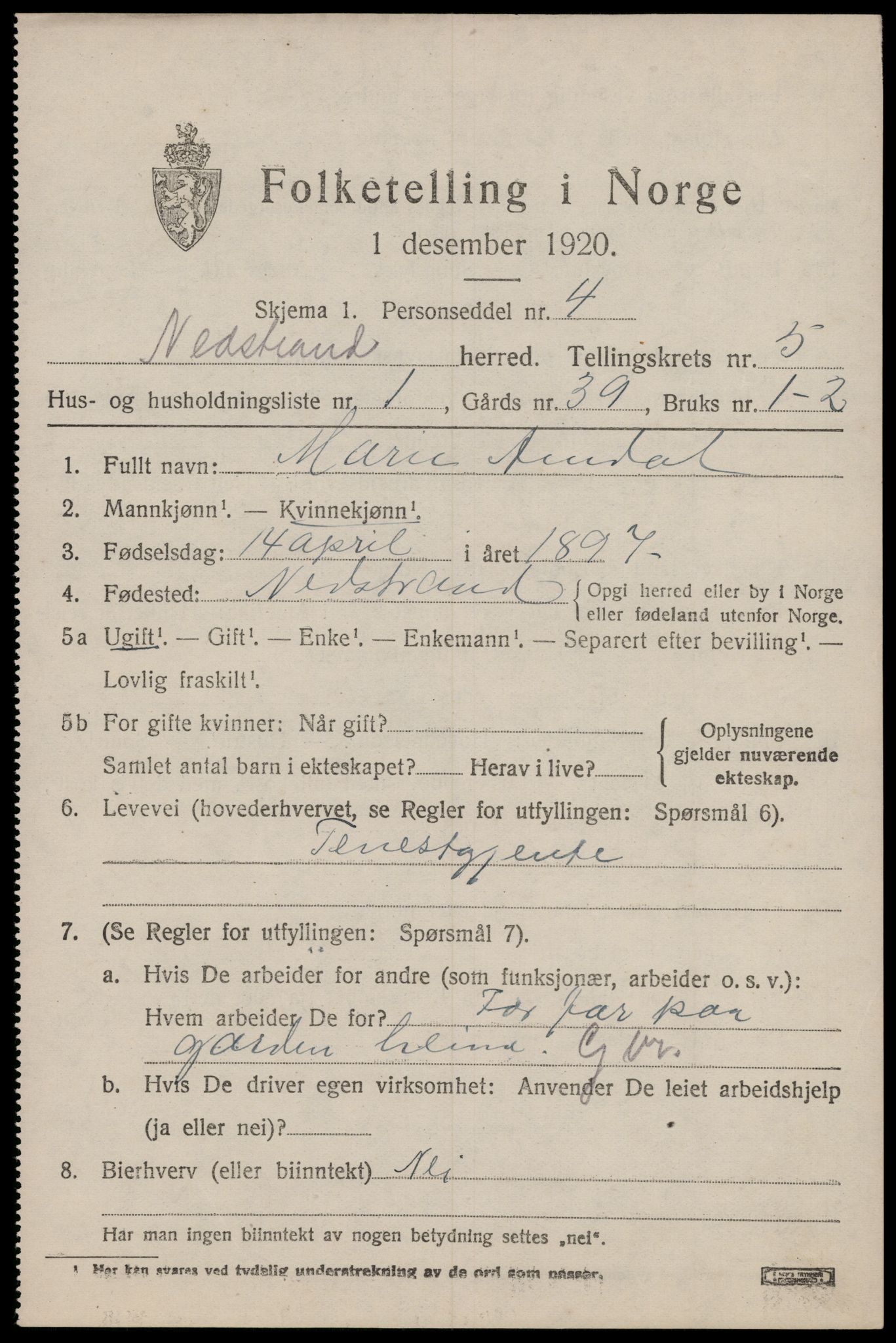 SAST, 1920 census for Nedstrand, 1920, p. 2271