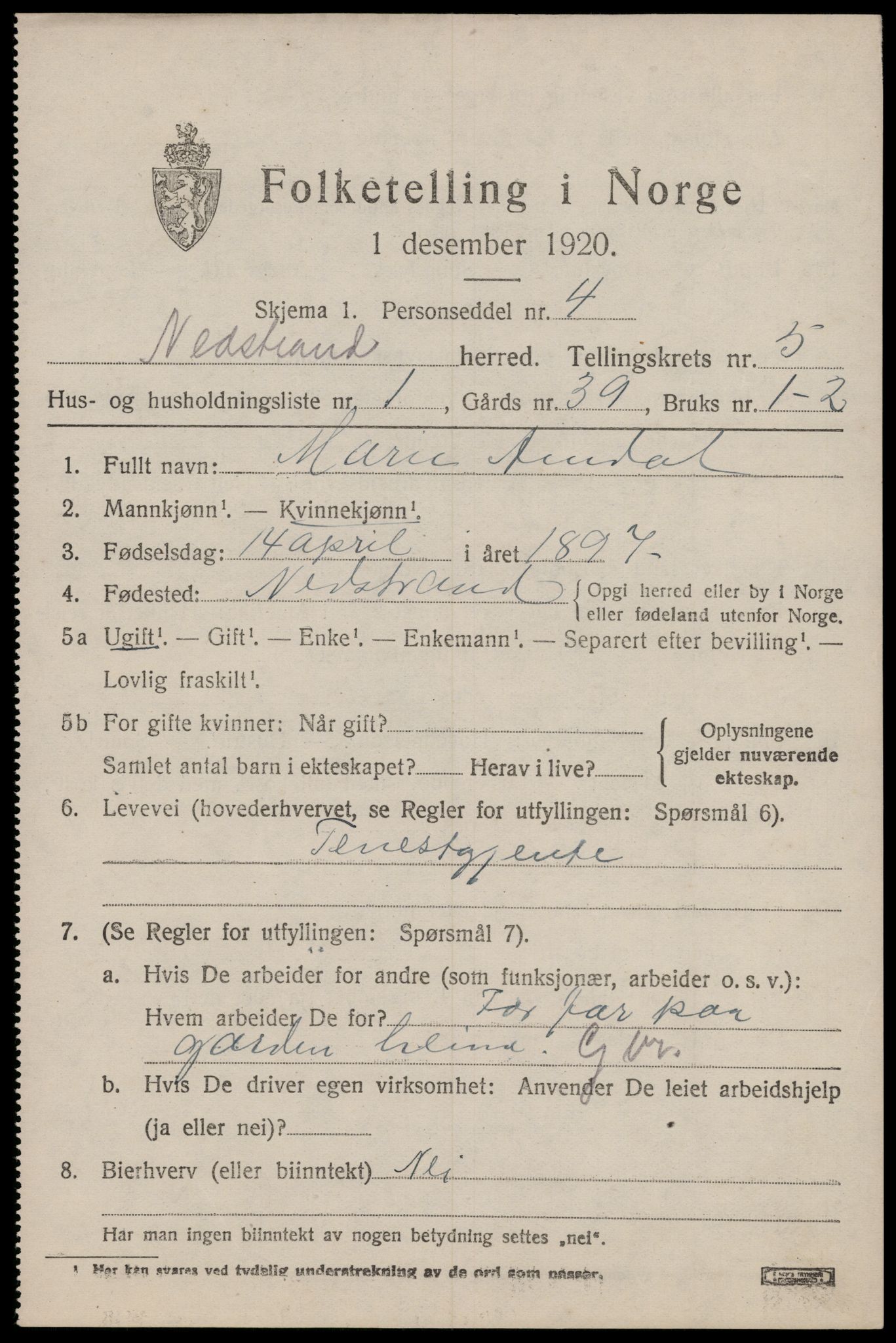 SAST, 1920 census for Nedstrand, 1920, p. 2271