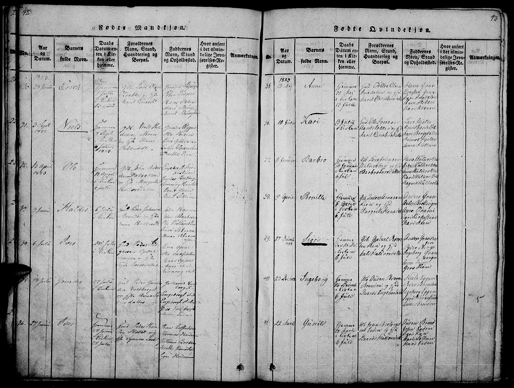 Ringebu prestekontor, AV/SAH-PREST-082/H/Ha/Haa/L0004: Parish register (official) no. 4, 1821-1839, p. 42-43