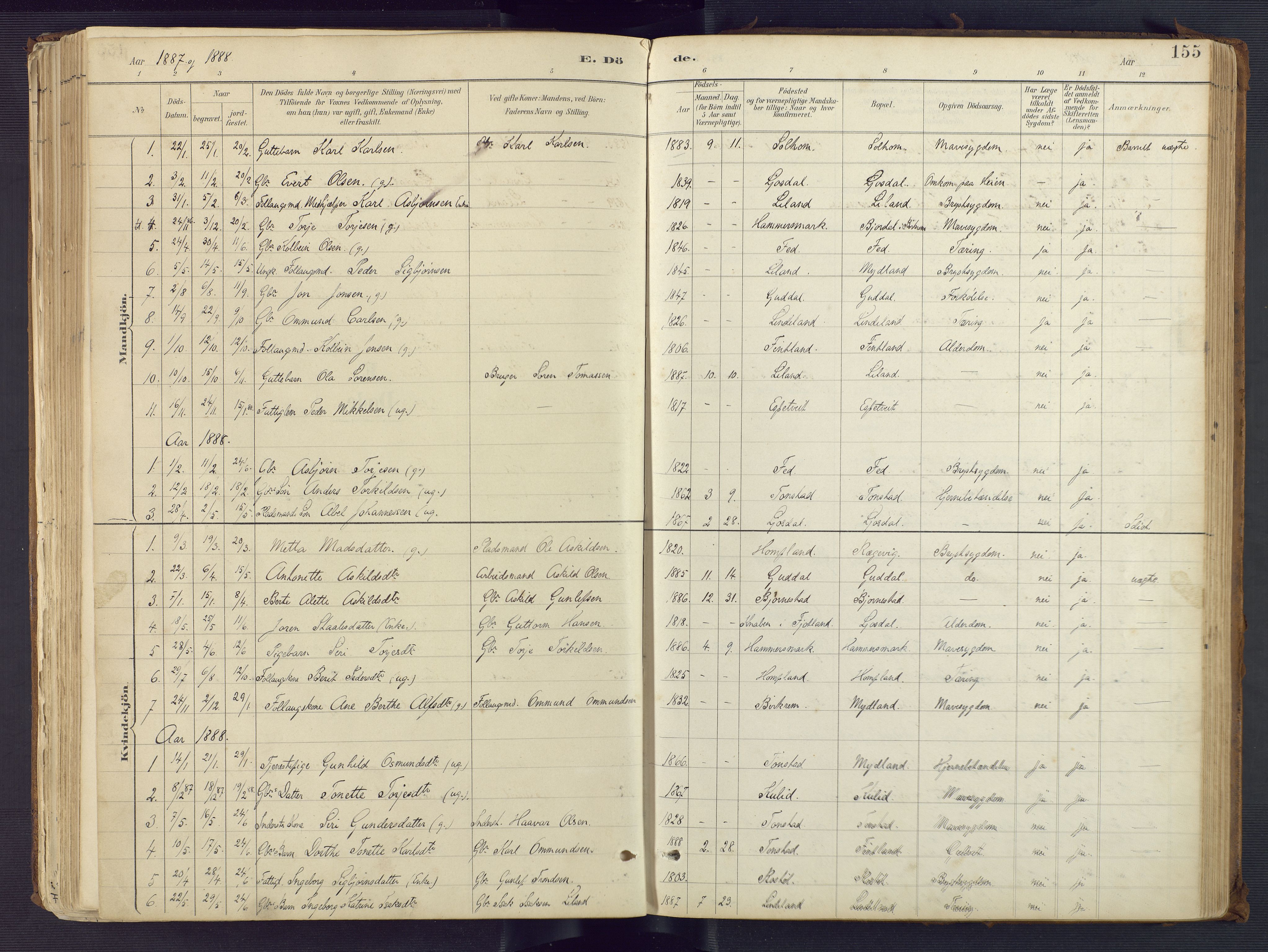 Sirdal sokneprestkontor, AV/SAK-1111-0036/F/Fa/Fab/L0004: Parish register (official) no. A 4, 1887-1919, p. 155