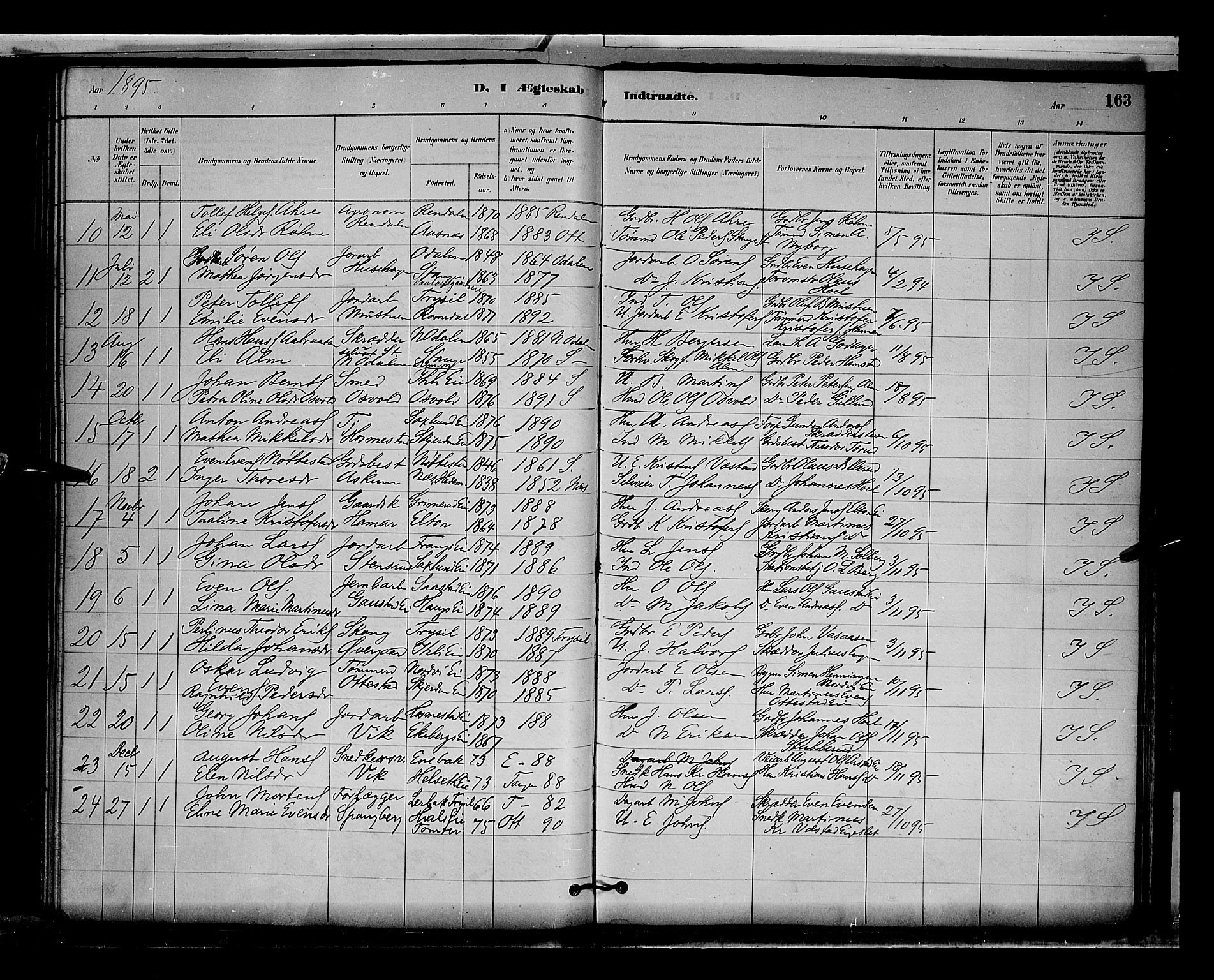 Stange prestekontor, AV/SAH-PREST-002/L/L0009: Parish register (copy) no. 9, 1883-1899, p. 163