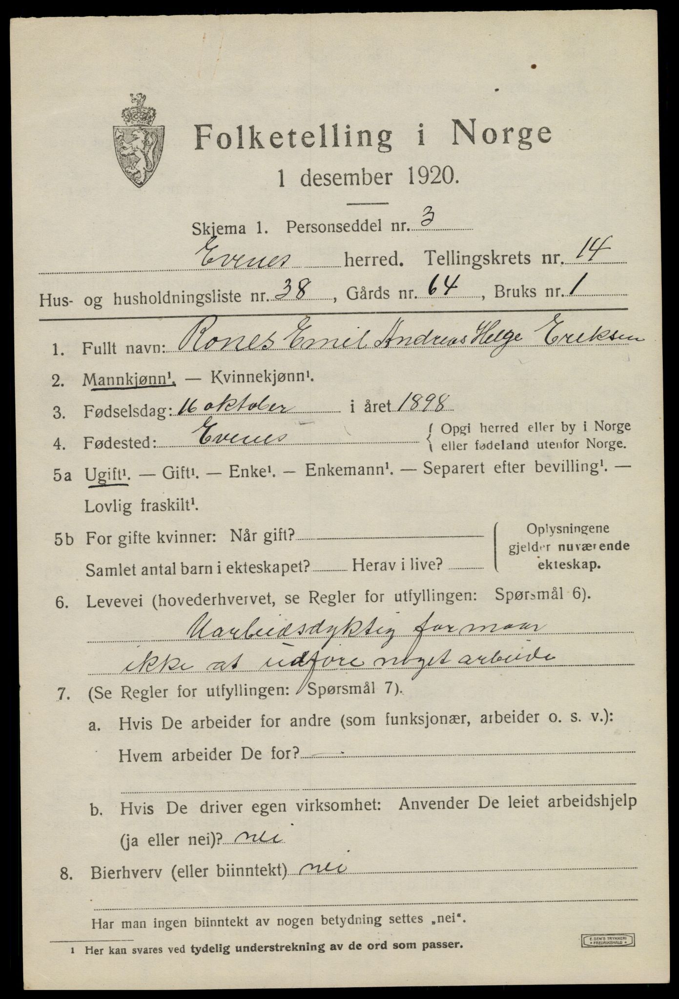 SAT, 1920 census for Evenes, 1920, p. 12650