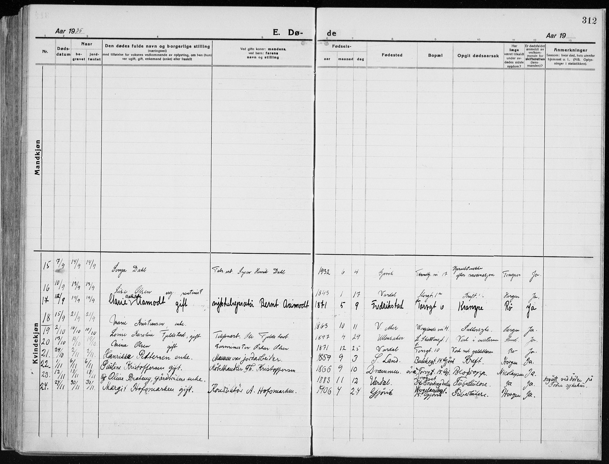 Vardal prestekontor, SAH/PREST-100/H/Ha/Haa/L0015: Parish register (official) no. 15, 1923-1937, p. 312