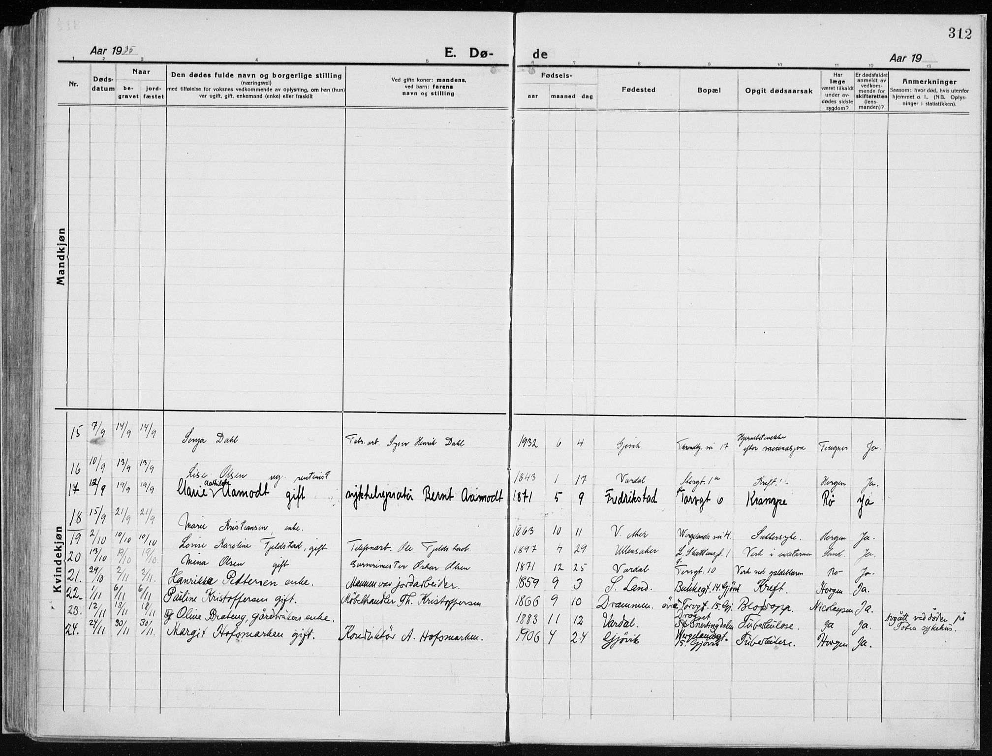 Vardal prestekontor, AV/SAH-PREST-100/H/Ha/Haa/L0015: Parish register (official) no. 15, 1923-1937, p. 312