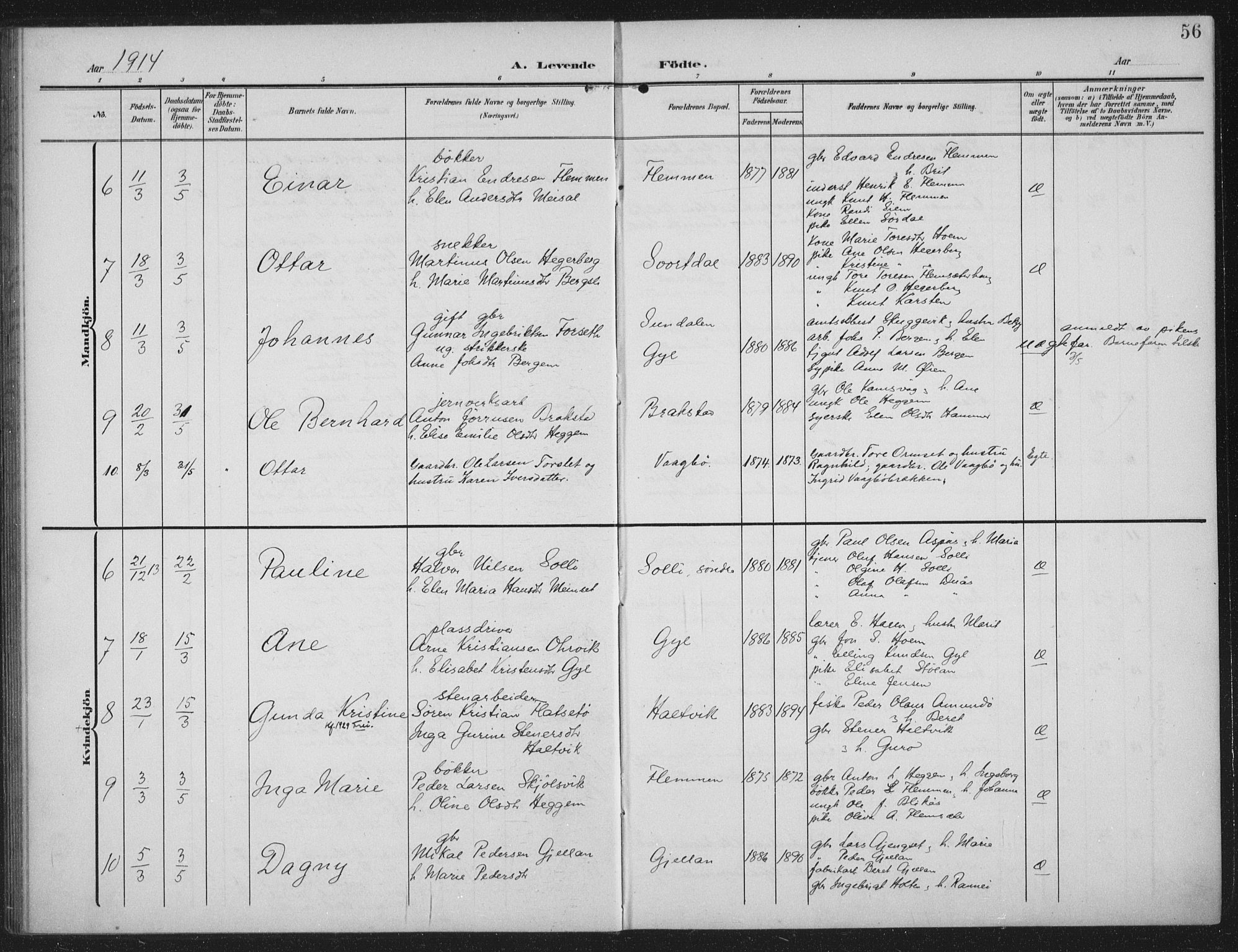 Ministerialprotokoller, klokkerbøker og fødselsregistre - Møre og Romsdal, AV/SAT-A-1454/586/L0989: Parish register (official) no. 586A15, 1906-1915, p. 56