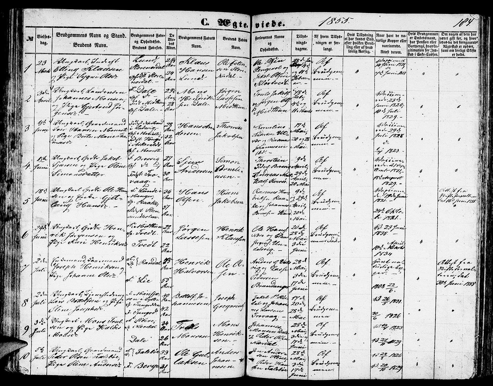 Gulen sokneprestembete, AV/SAB-A-80201/H/Hab/Habb/L0001: Parish register (copy) no. B 1, 1854-1866, p. 184