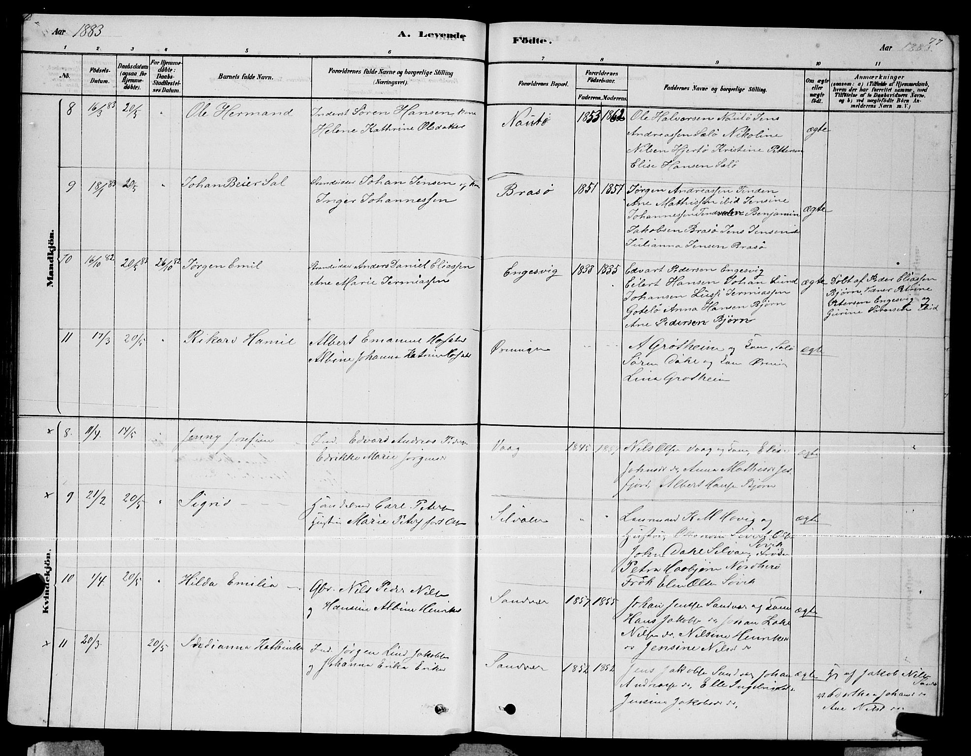 Ministerialprotokoller, klokkerbøker og fødselsregistre - Nordland, SAT/A-1459/834/L0513: Parish register (copy) no. 834C04, 1877-1892, p. 77