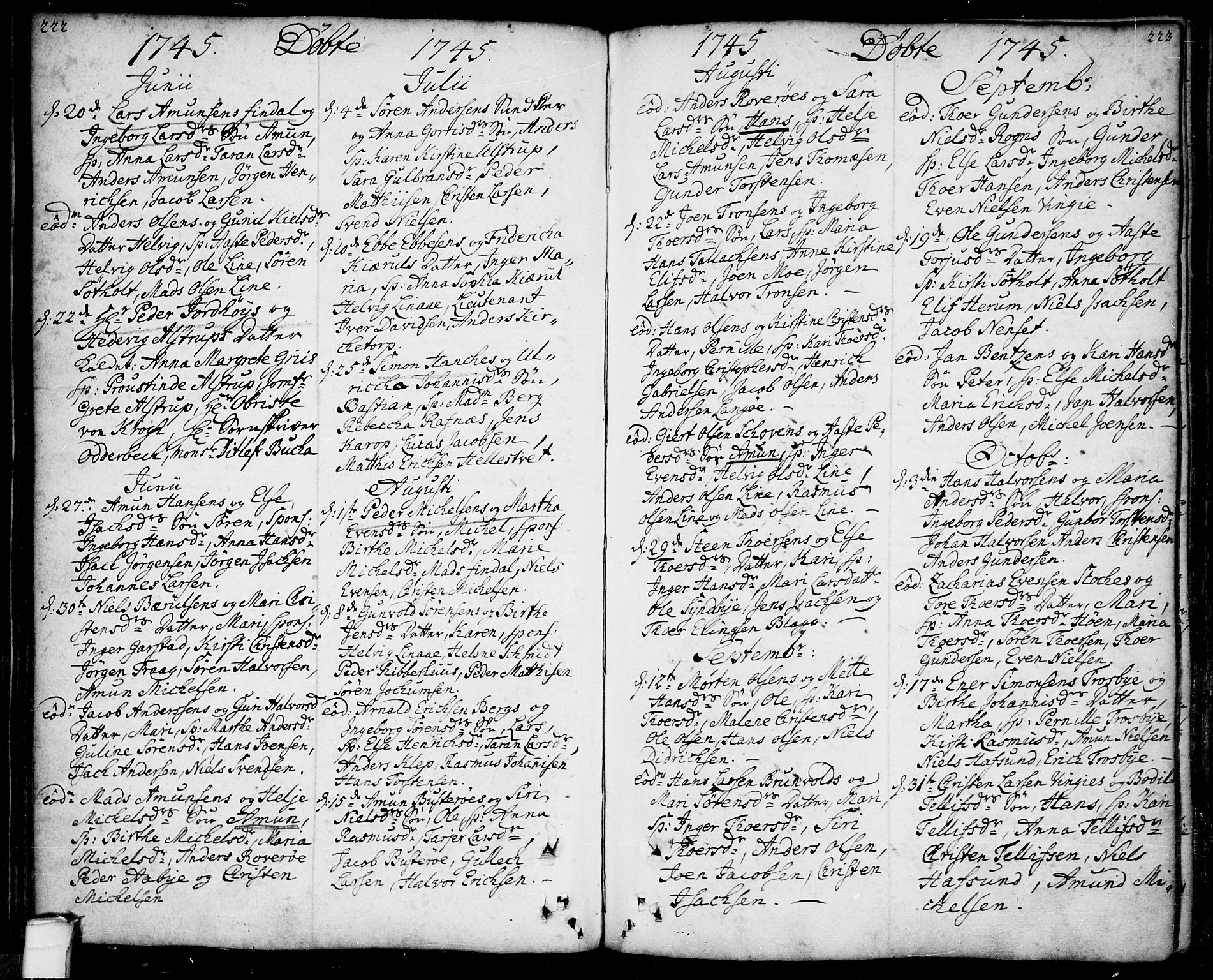 Bamble kirkebøker, SAKO/A-253/F/Fa/L0001: Parish register (official) no. I 1, 1702-1774, p. 222-223
