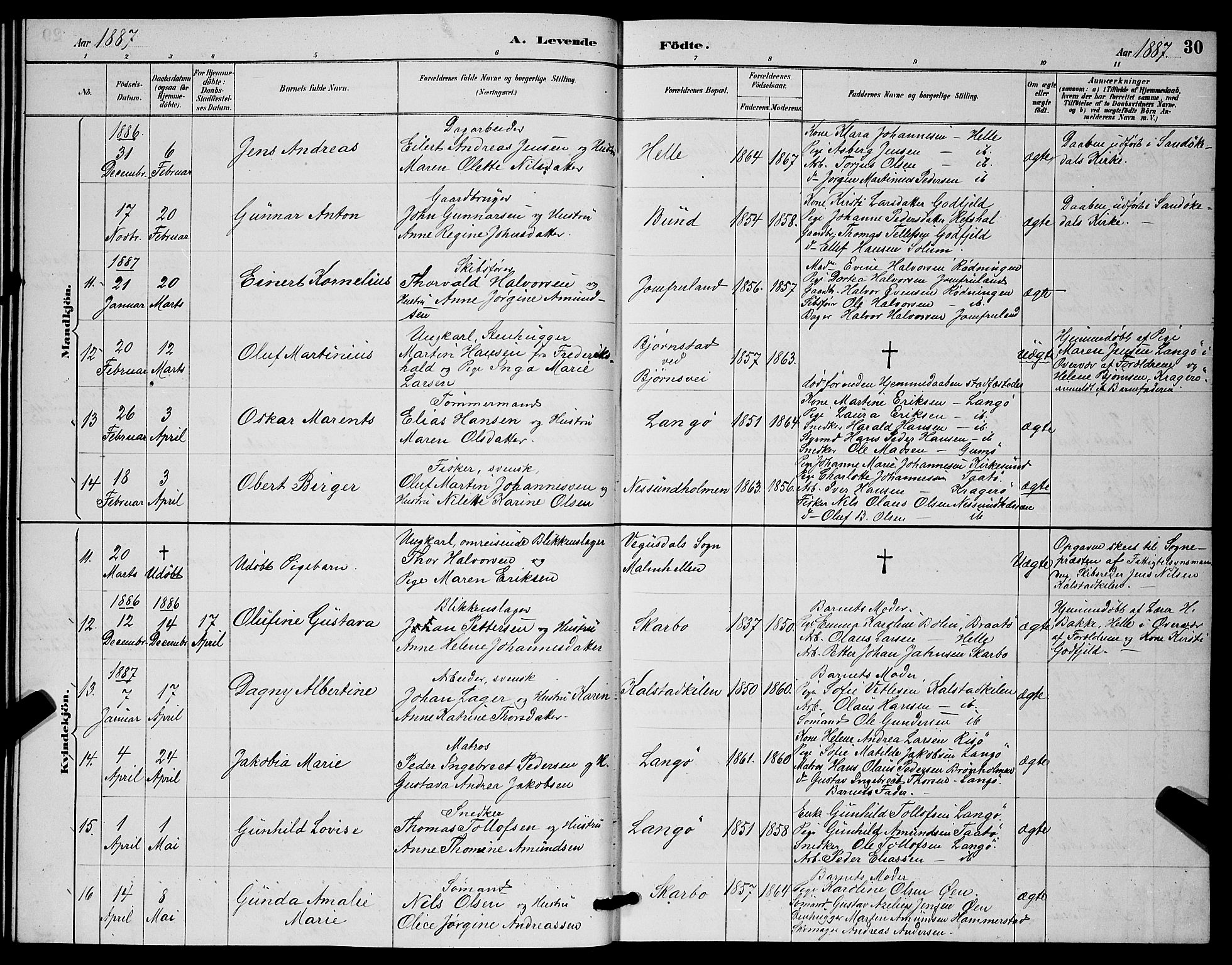 Skåtøy kirkebøker, SAKO/A-304/G/Ga/L0003: Parish register (copy) no. I 3, 1884-1898, p. 30