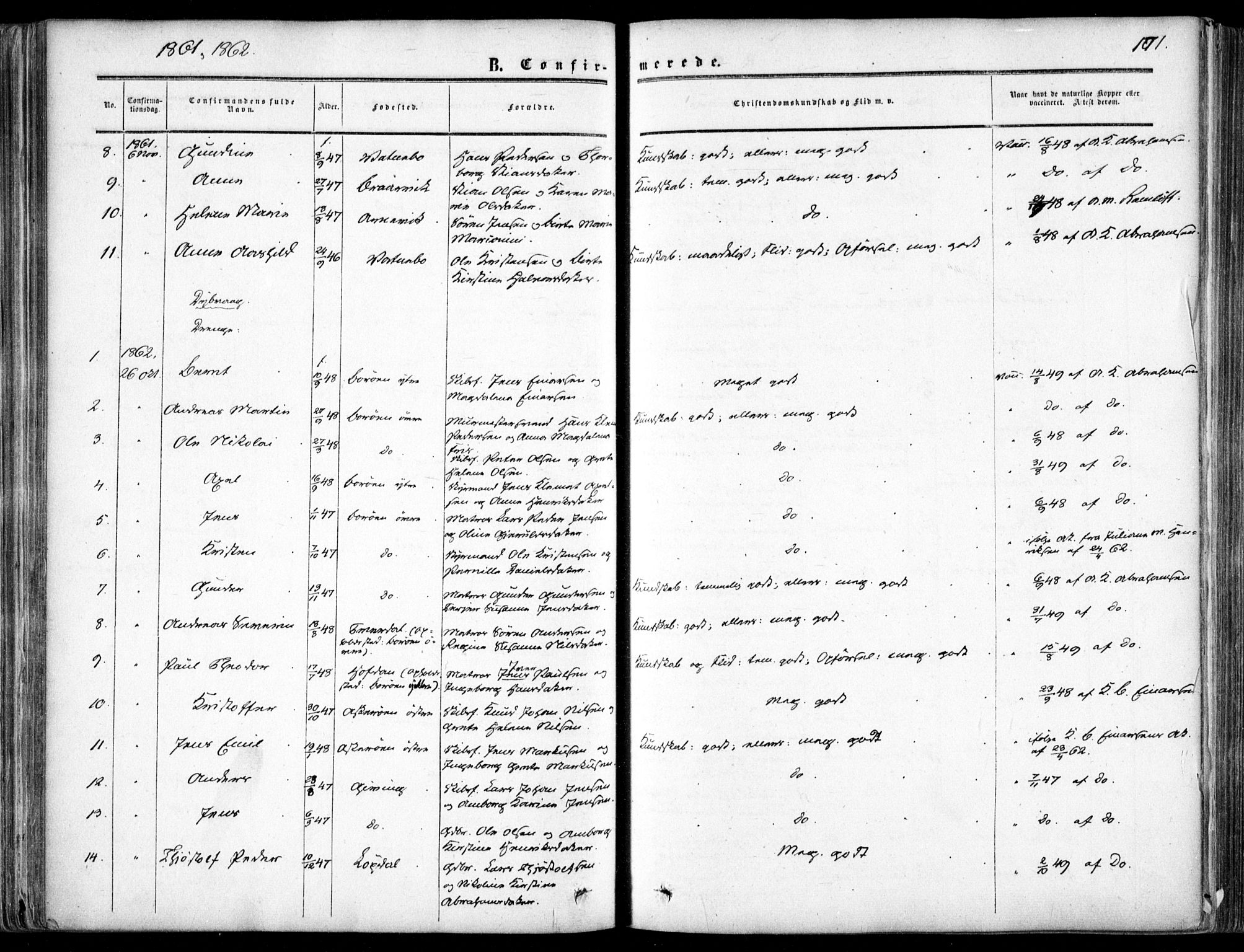 Dypvåg sokneprestkontor, SAK/1111-0007/F/Fa/Faa/L0006: Parish register (official) no. A 6, 1855-1872, p. 171