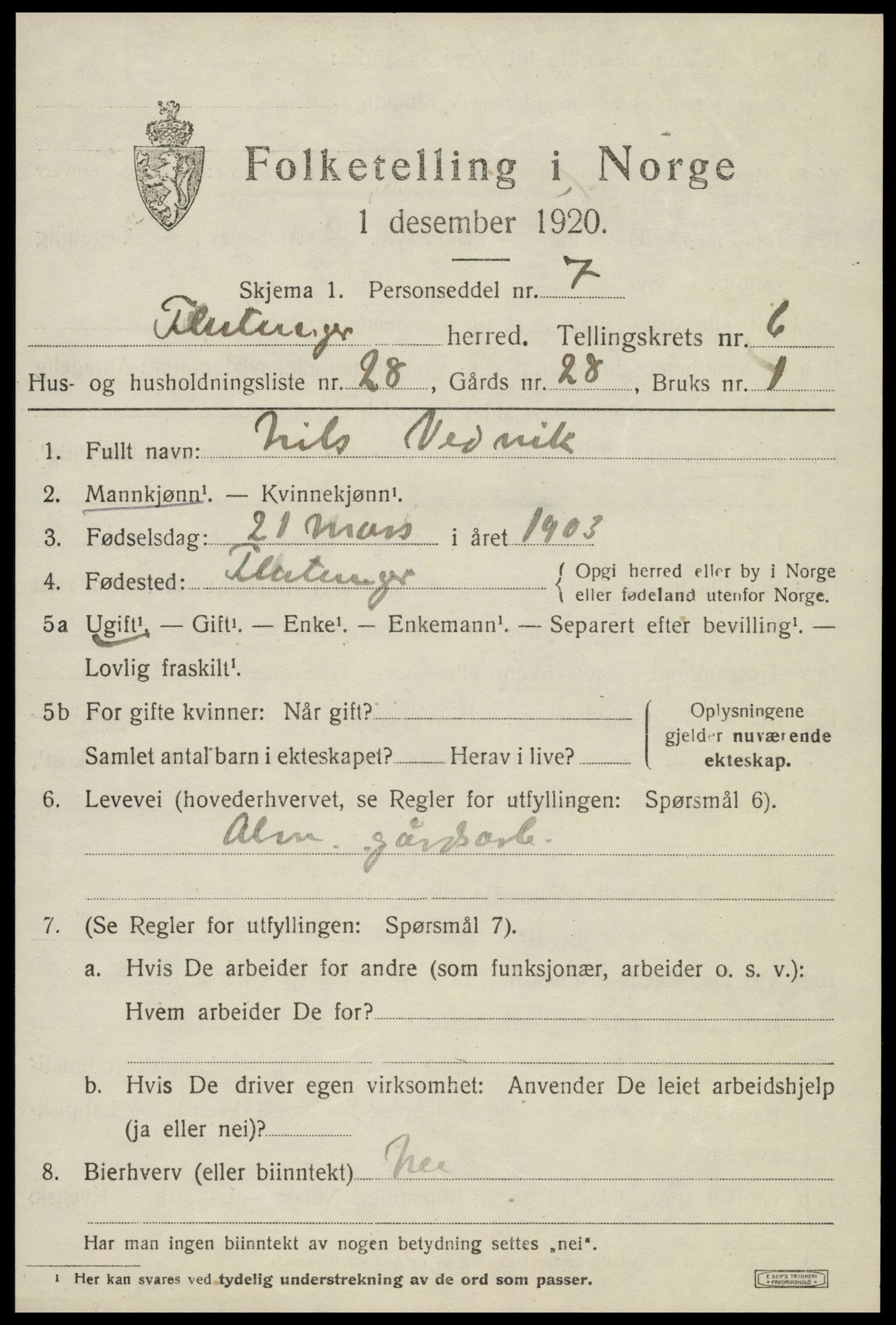 SAT, 1920 census for Flatanger, 1920, p. 3210
