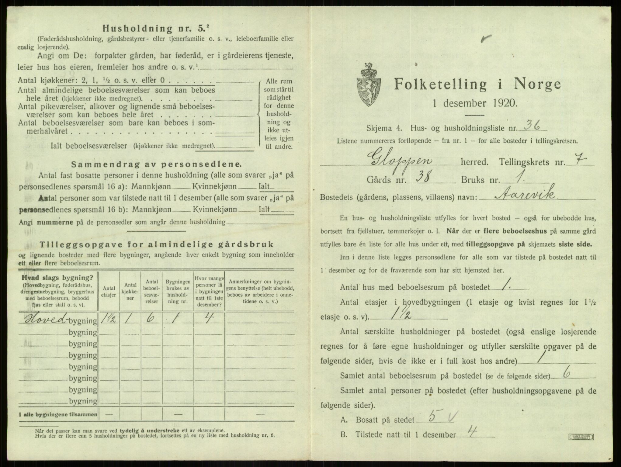 SAB, 1920 census for Gloppen, 1920, p. 565