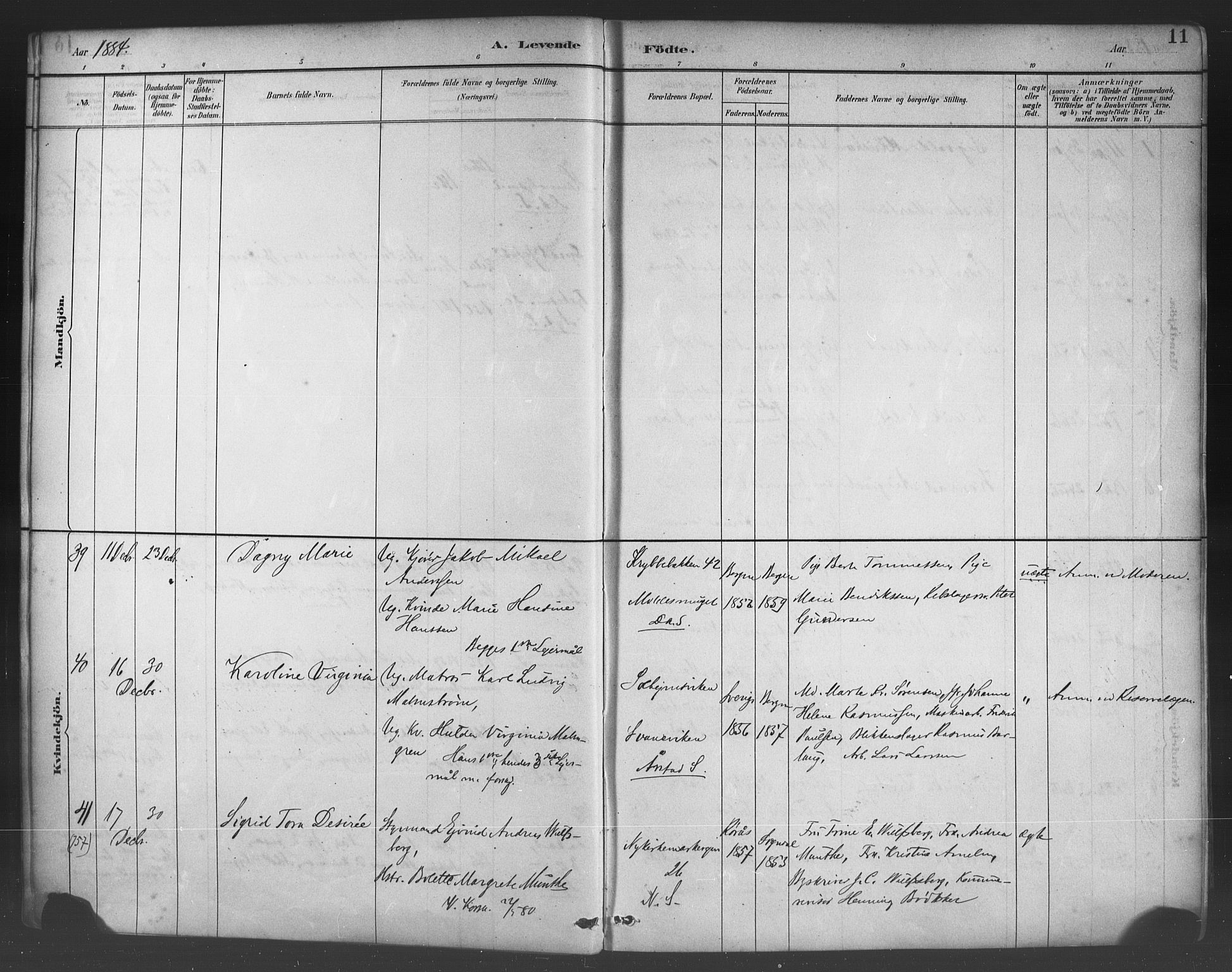 Fødselsstiftelsens sokneprestembete*, SAB/-: Parish register (official) no. A 2, 1884-1900, p. 11