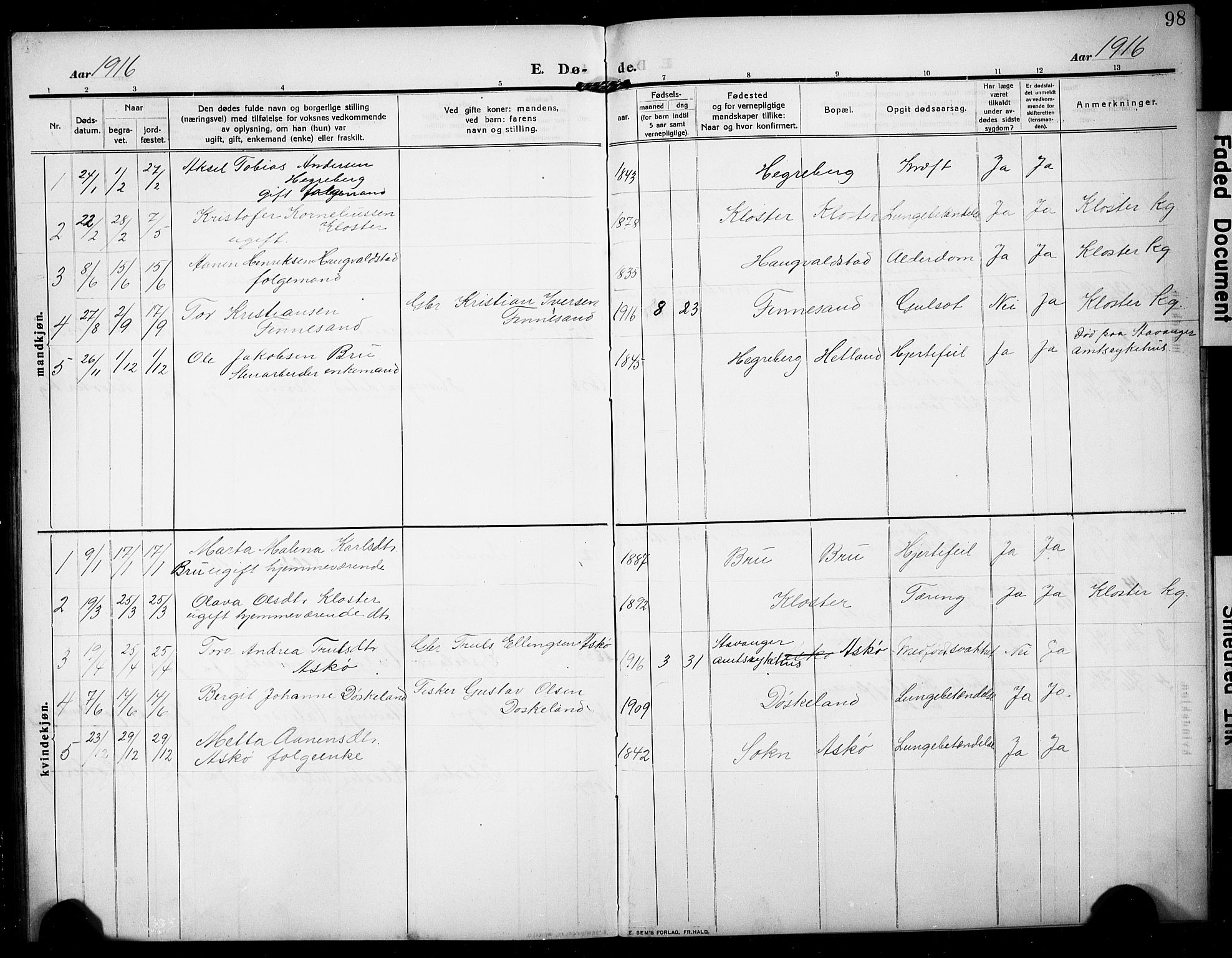 Rennesøy sokneprestkontor, SAST/A -101827/H/Ha/Hab/L0013: Parish register (copy) no. B 12, 1907-1928, p. 98
