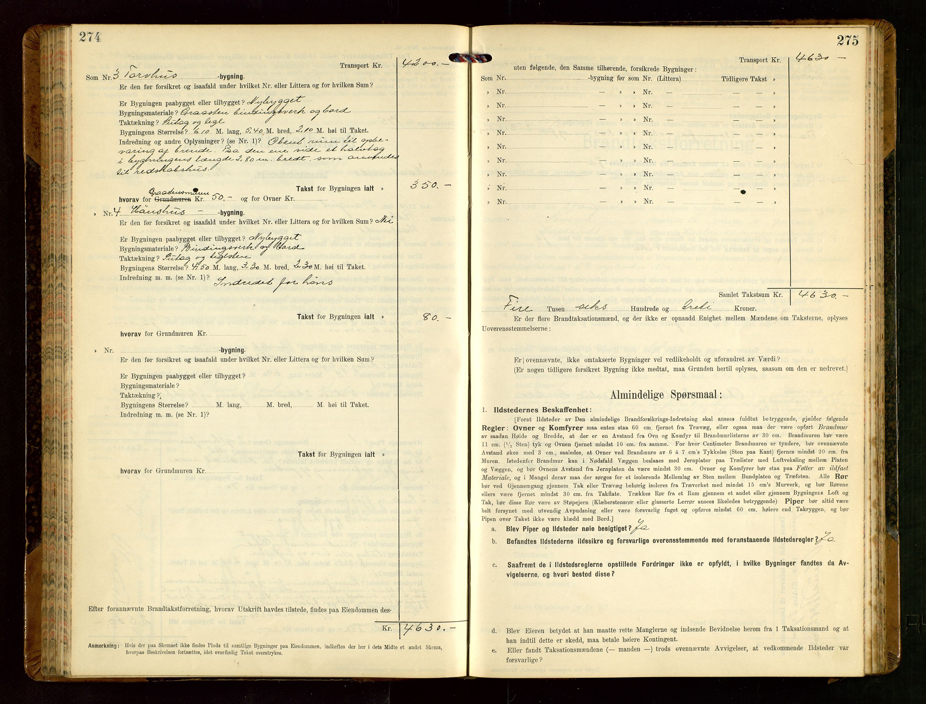 Håland lensmannskontor, AV/SAST-A-100100/Gob/L0004: Branntakstprotokoll - skjematakst. Register i boken., 1913-1915, p. 274-275