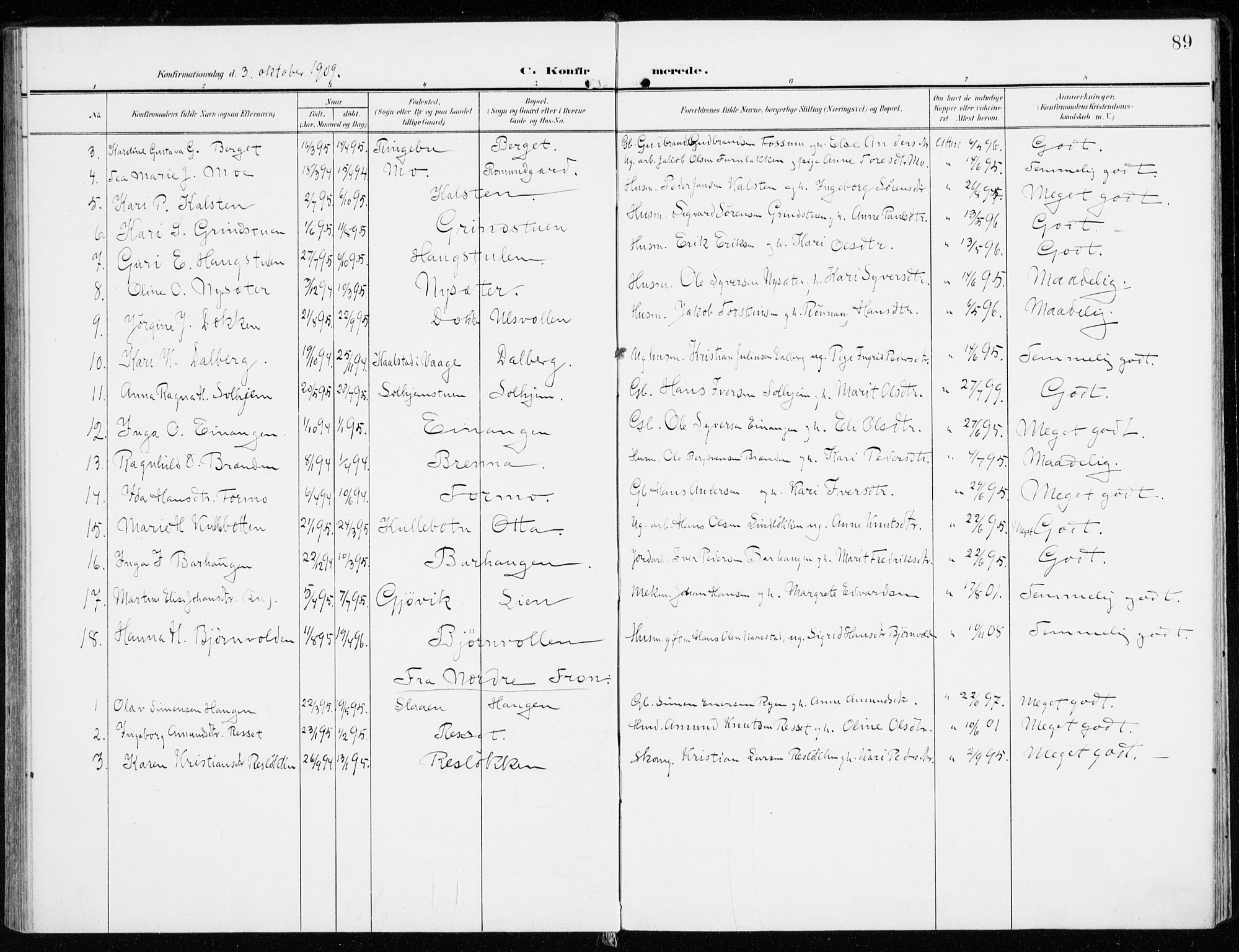 Sel prestekontor, SAH/PREST-074/H/Ha/Haa/L0002: Parish register (official) no. 2, 1905-1919, p. 89