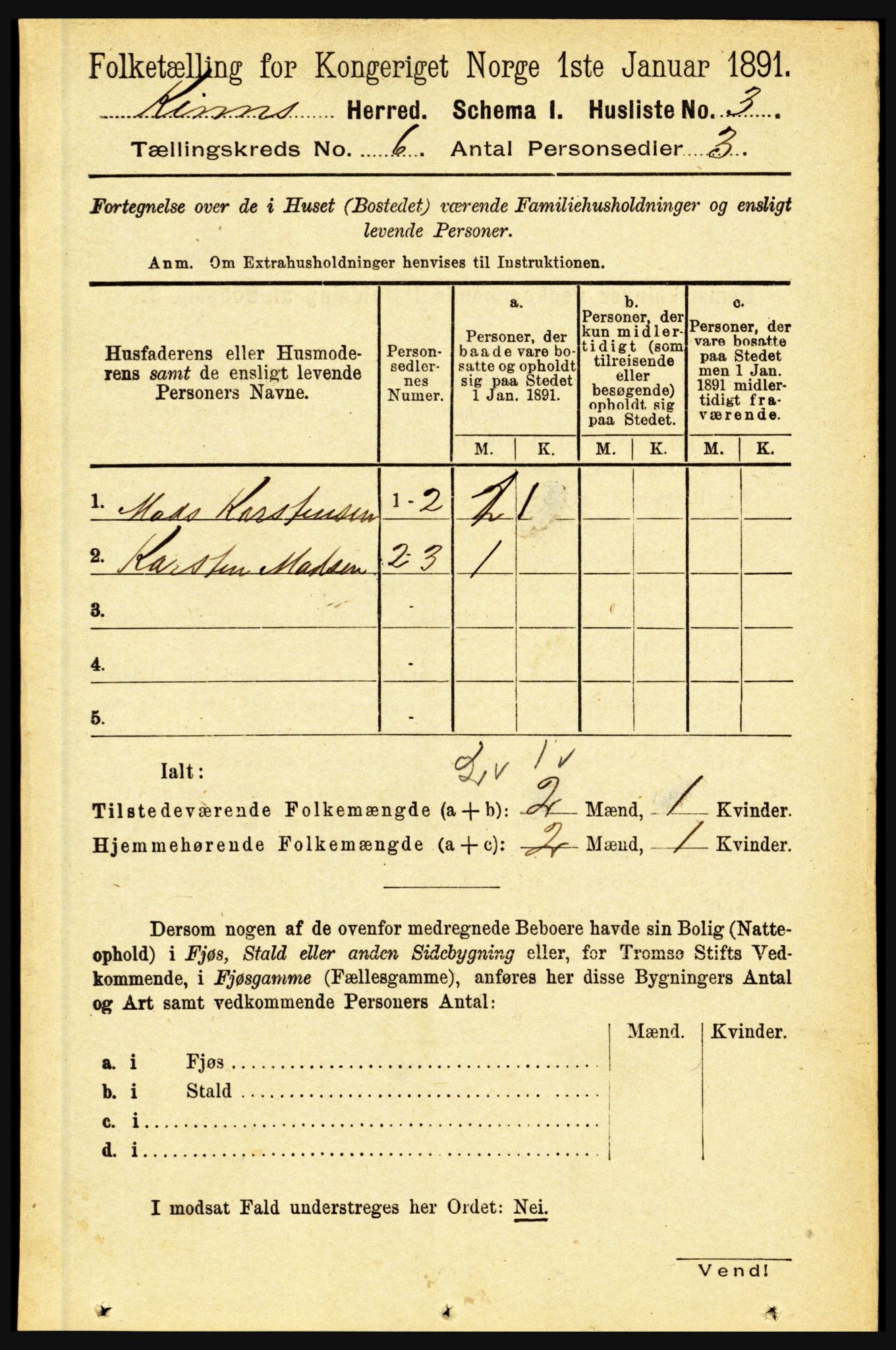 RA, 1891 census for 1437 Kinn, 1891, p. 2215