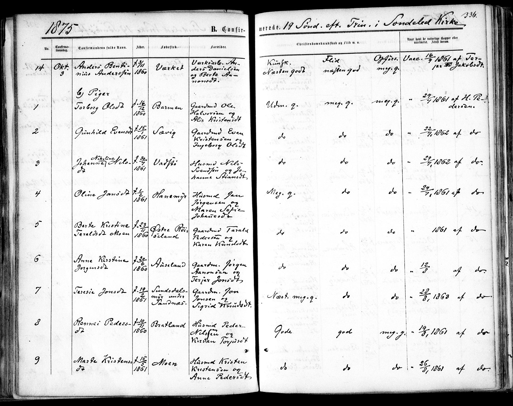 Søndeled sokneprestkontor, AV/SAK-1111-0038/F/Fa/L0003: Parish register (official) no. A 3, 1861-1879, p. 336