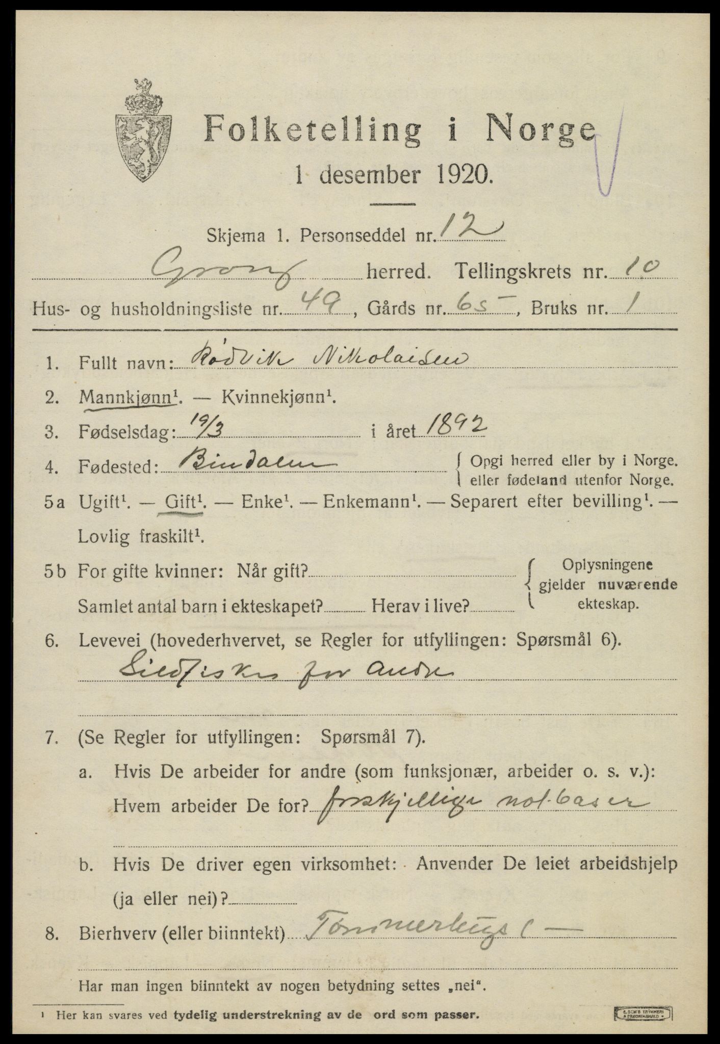 SAT, 1920 census for Grong, 1920, p. 6243