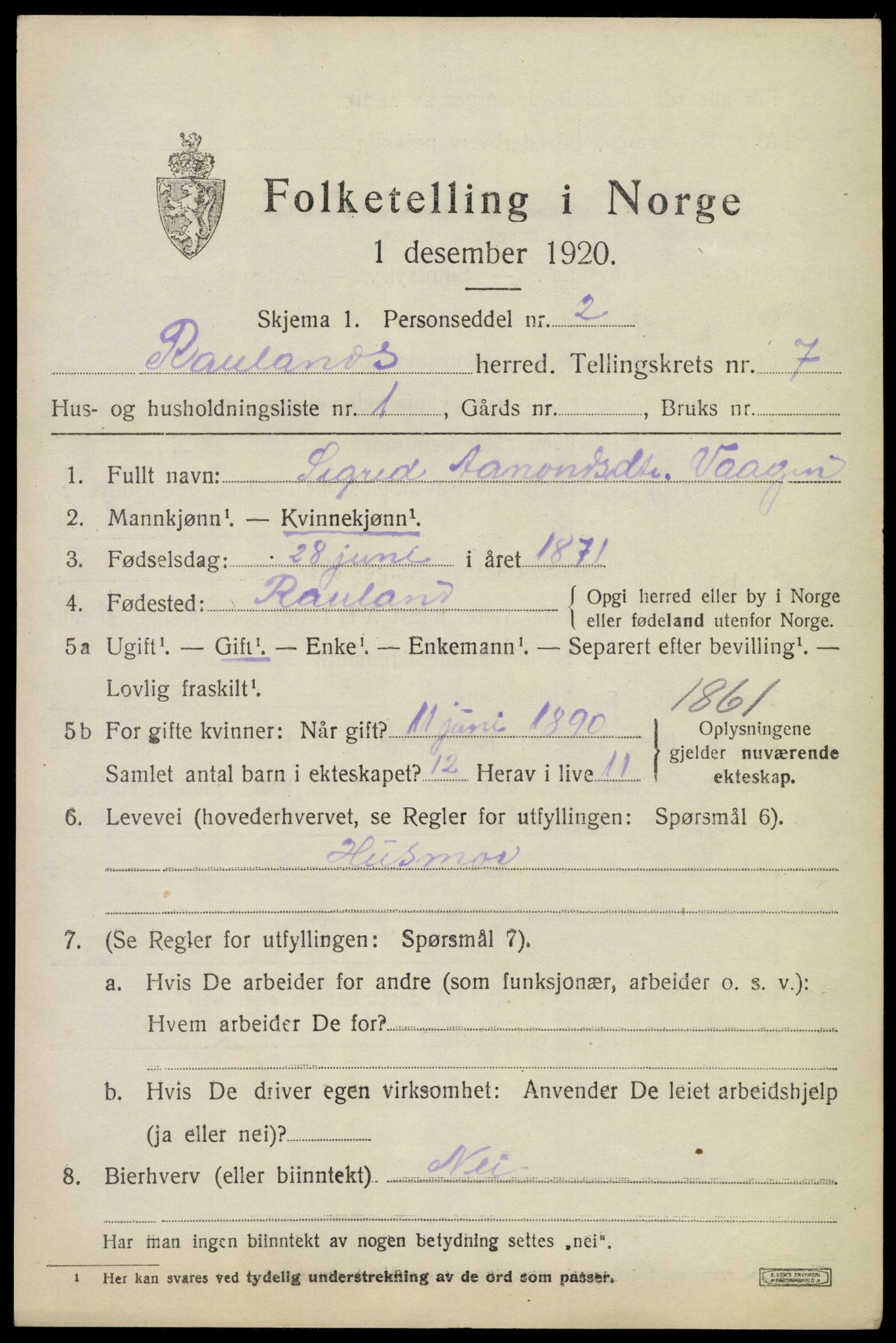 SAKO, 1920 census for Rauland, 1920, p. 1442