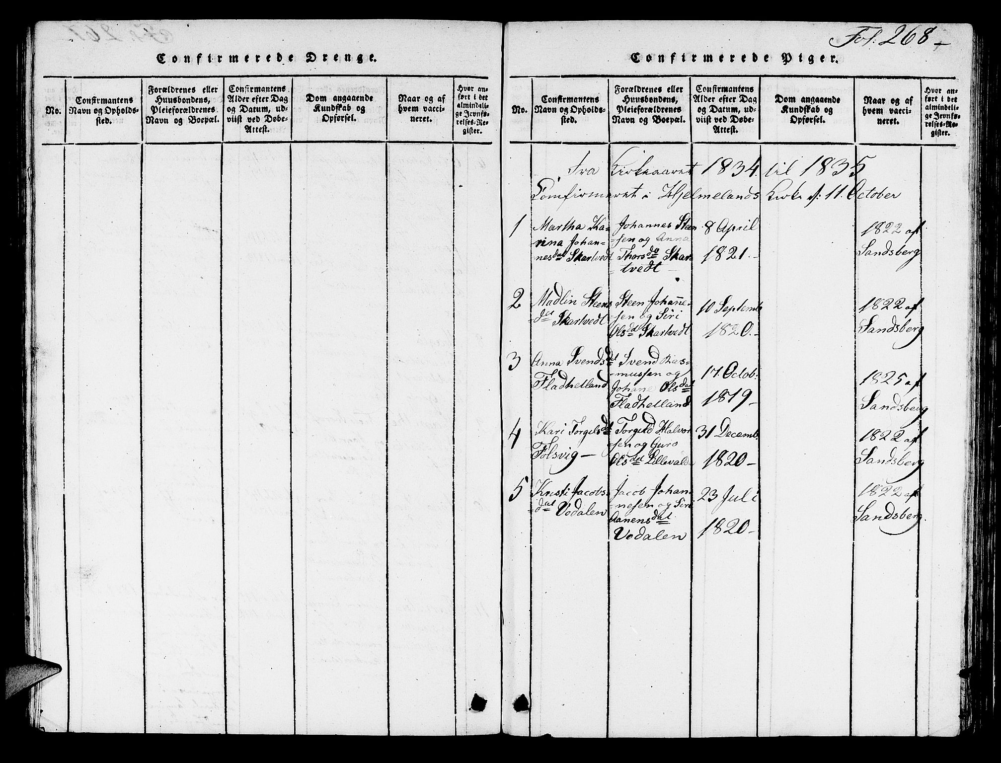 Hjelmeland sokneprestkontor, AV/SAST-A-101843/01/V/L0003: Parish register (copy) no. B 3, 1816-1841, p. 268