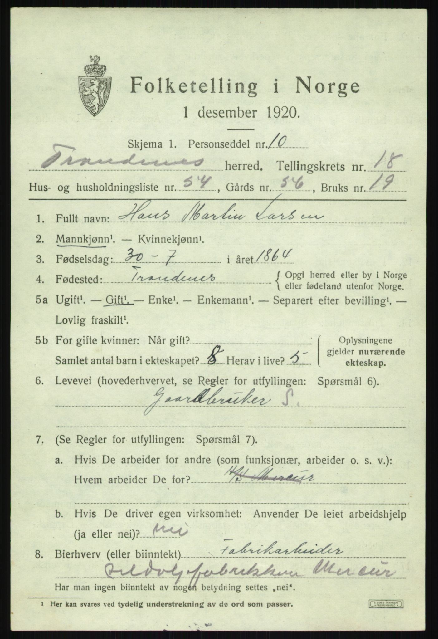SATØ, 1920 census for Trondenes, 1920, p. 12907