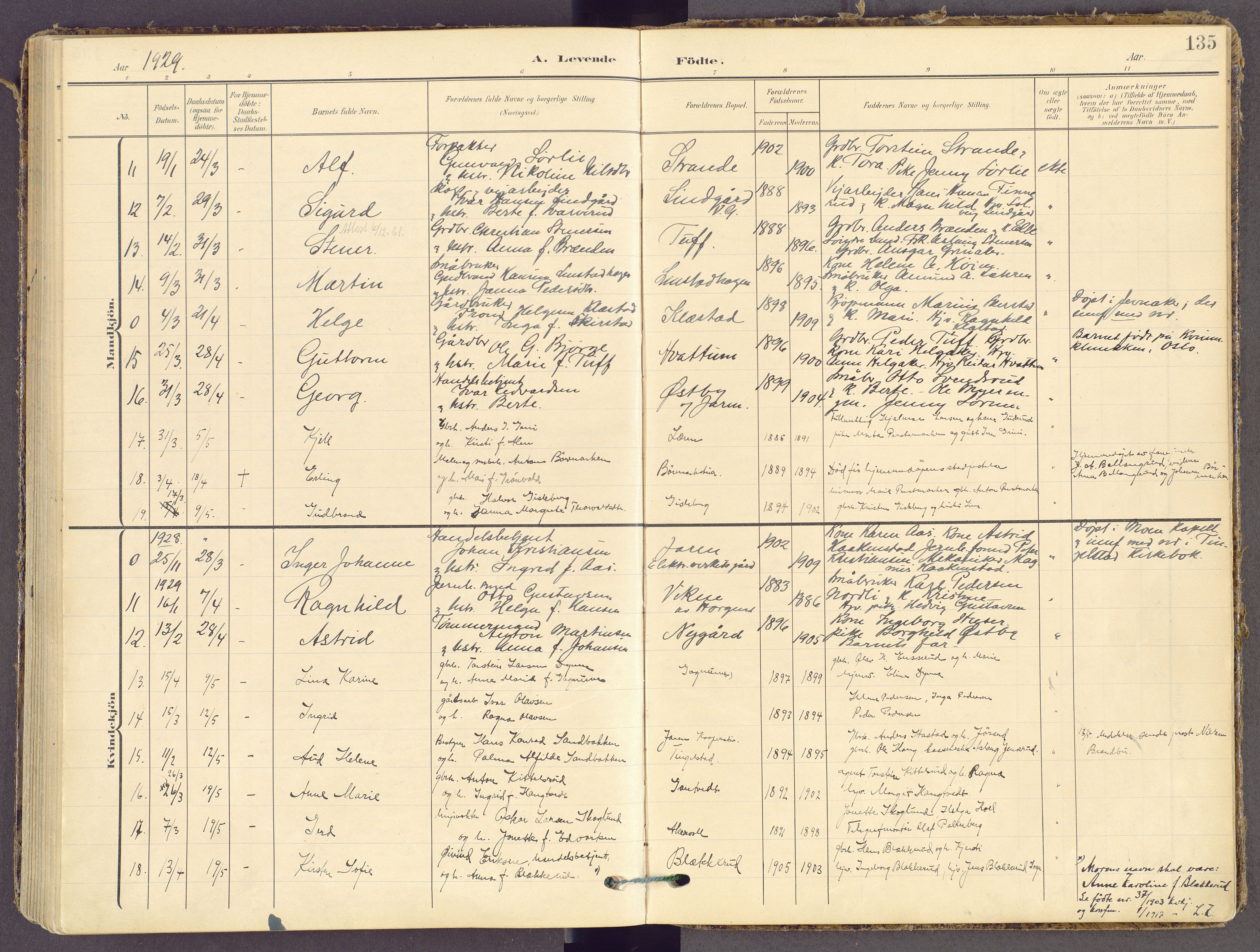 Gran prestekontor, SAH/PREST-112/H/Ha/Haa/L0021: Parish register (official) no. 21, 1908-1932, p. 135