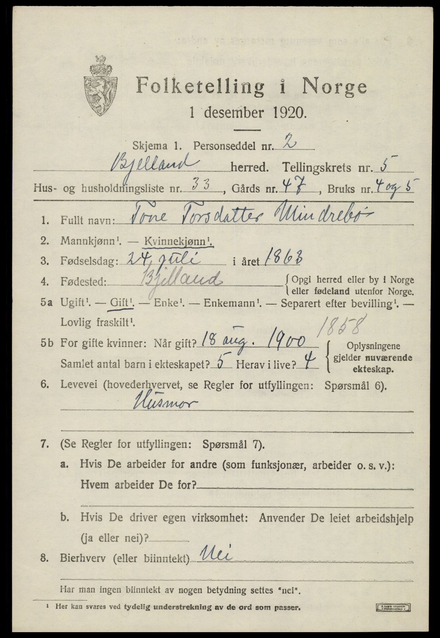 SAK, 1920 census for Bjelland, 1920, p. 1799