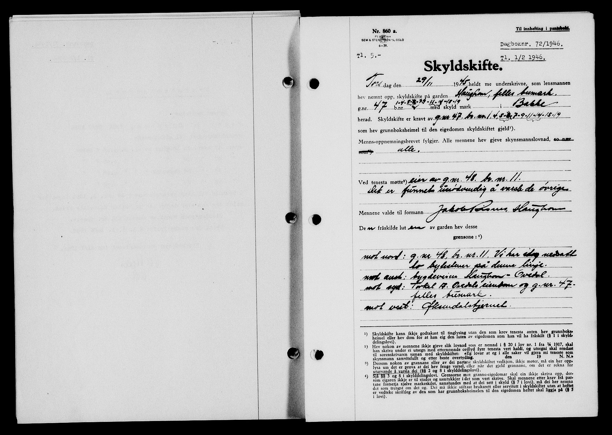 Flekkefjord sorenskriveri, AV/SAK-1221-0001/G/Gb/Gba/L0060: Mortgage book no. A-8, 1945-1946, Diary no: : 72/1946