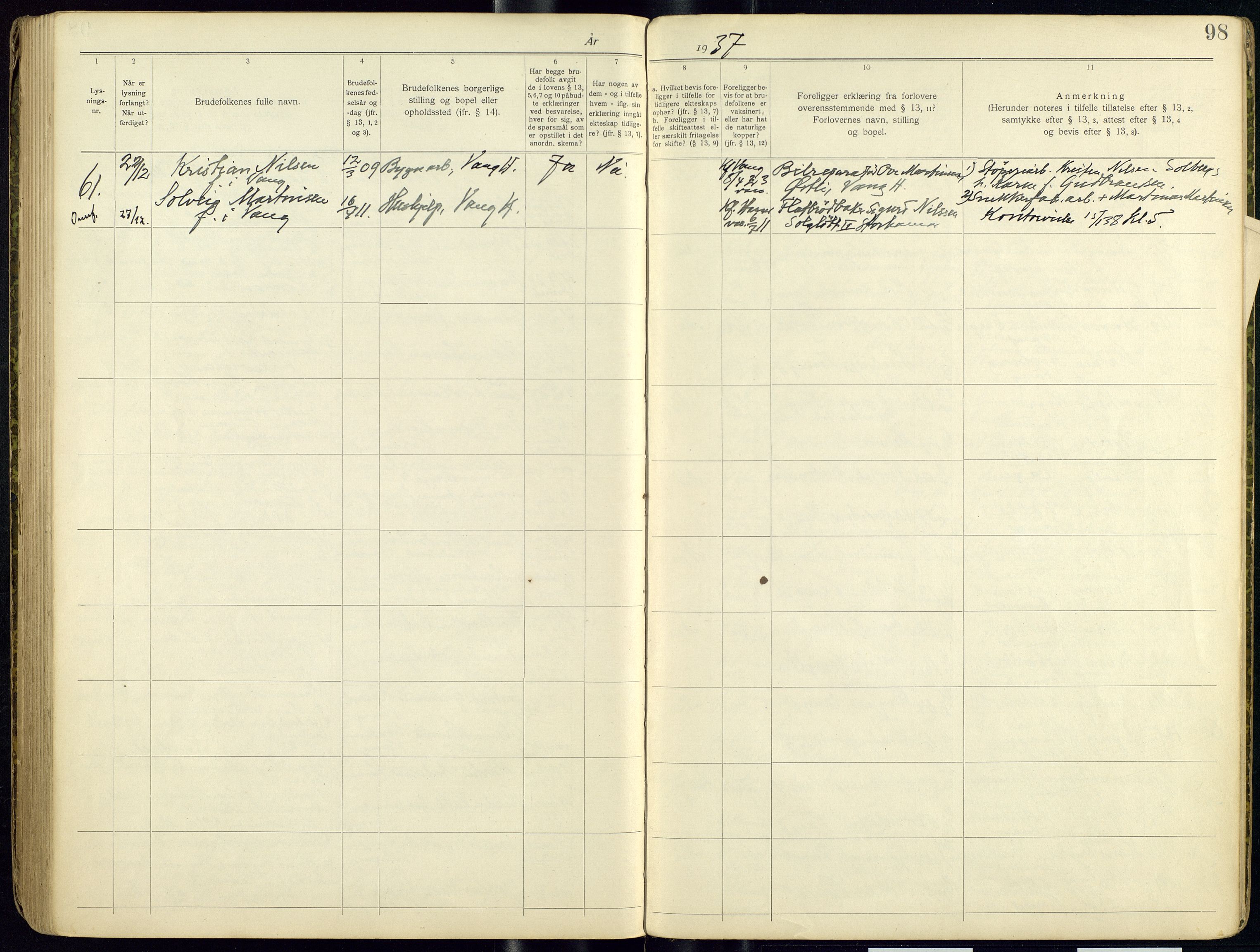 Vang prestekontor, Hedmark, AV/SAH-PREST-008/I/Ie/L0001/0001: Banns register no. 1, 1919-1938, p. 98