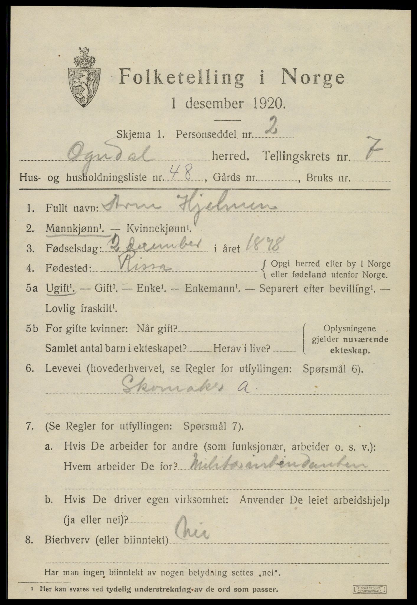 SAT, 1920 census for Ogndal, 1920, p. 3327