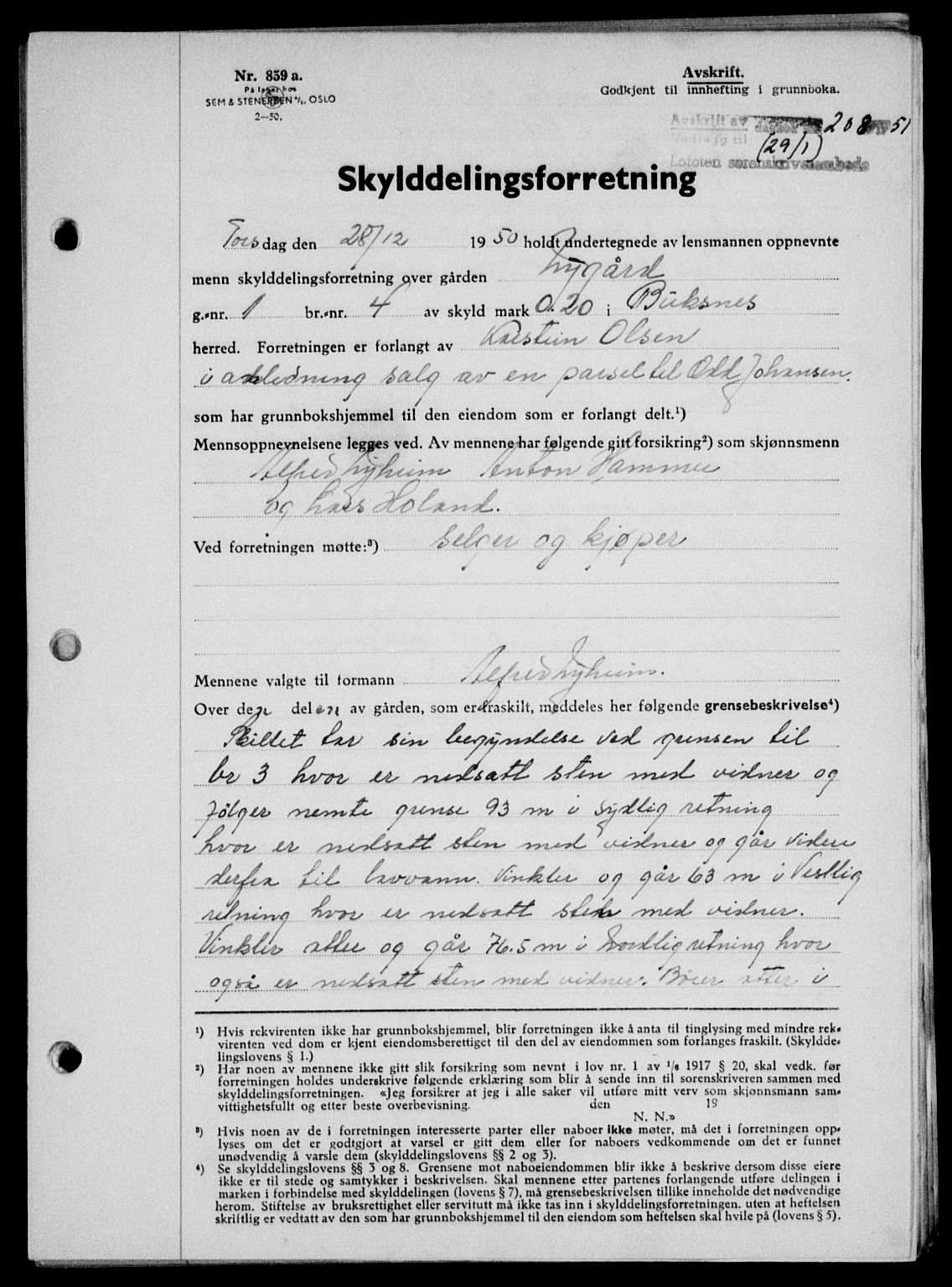 Lofoten sorenskriveri, SAT/A-0017/1/2/2C/L0025a: Mortgage book no. 25a, 1950-1951, Diary no: : 208/1951